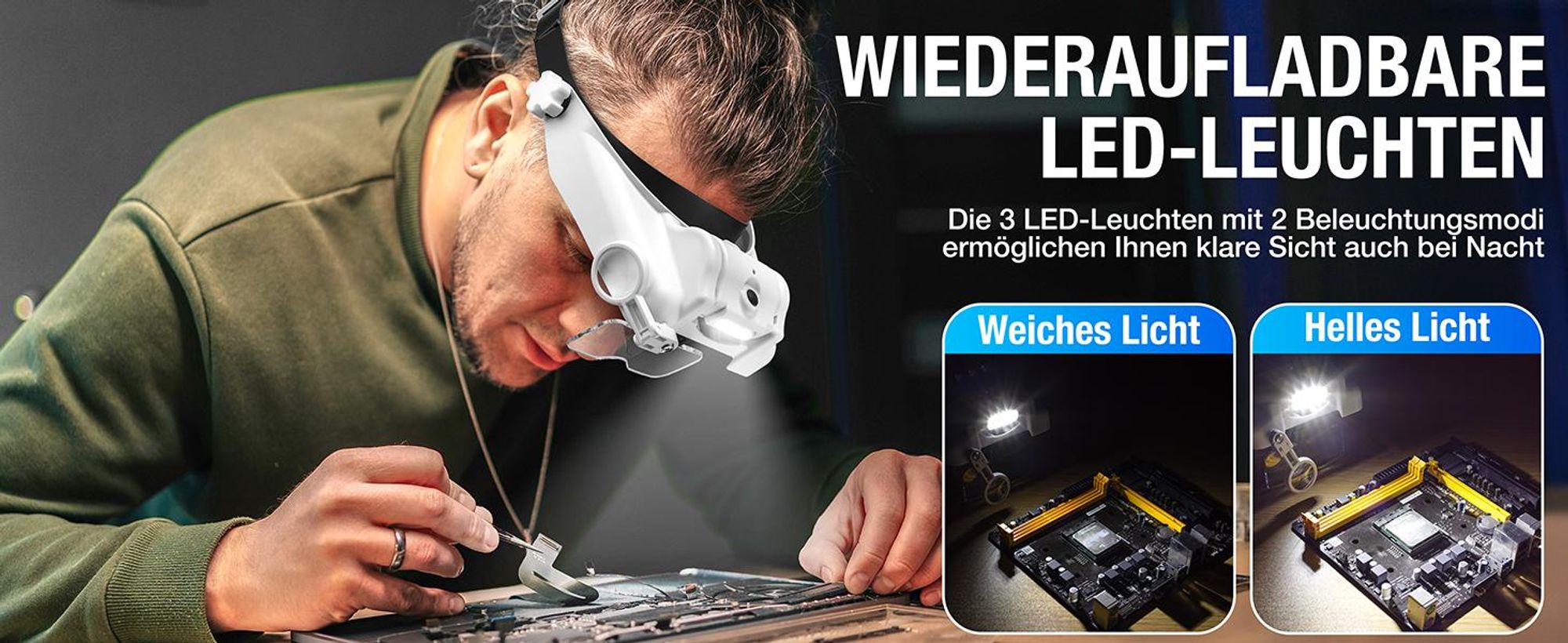 Lupenbrille mit Licht, LED Kopfbandlupe, Lupe mit Licht, 1- bis 14-fache Vergrößerung, mit 6 abnehmbaren Linsen, für Reparieren, Modellbau, Lesen