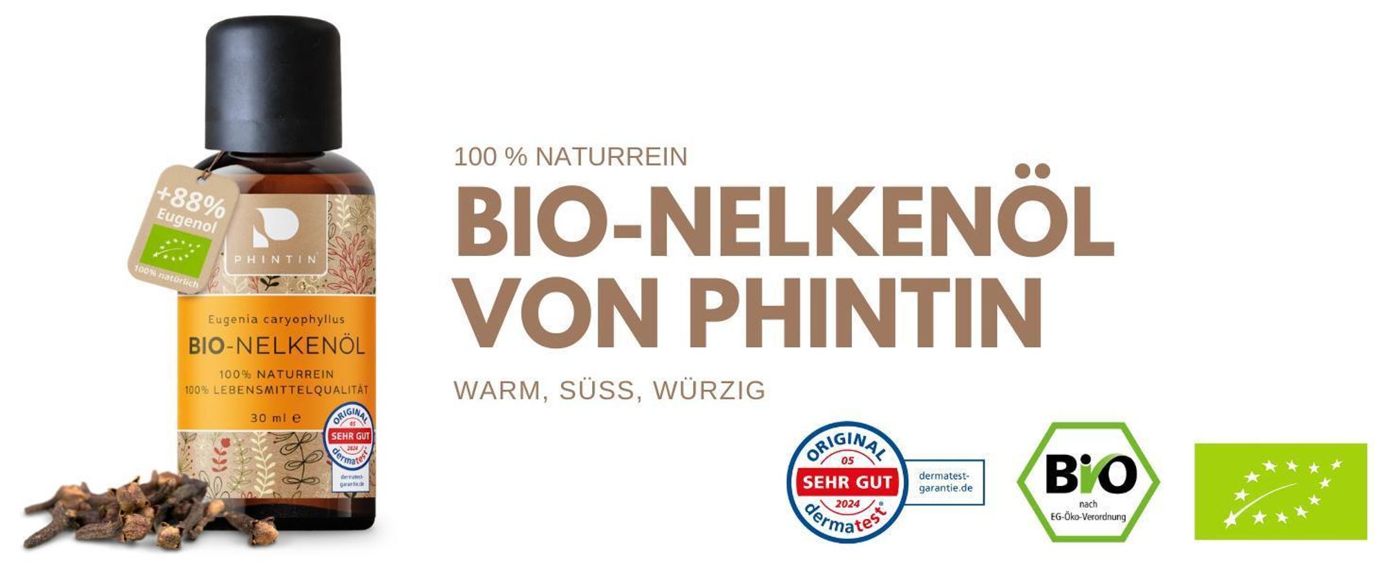 Reines Nelkenöl von Phintin, Bio- und getestet (Dermatest Sehr Gut)