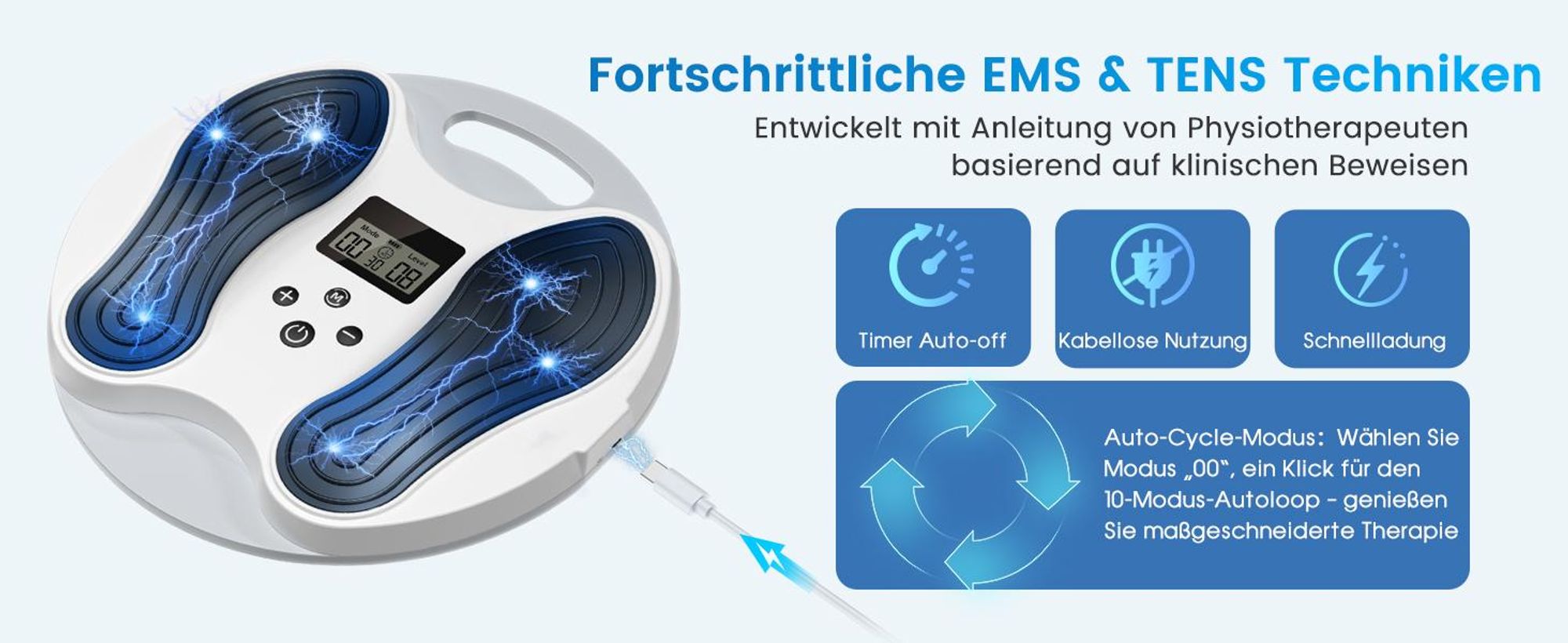 EMS Fußmassagegerät mit TENS – Durchblutungsstimulator für Beine & Füße gegen Müdigkeit, Schmerzen & Neuropathie