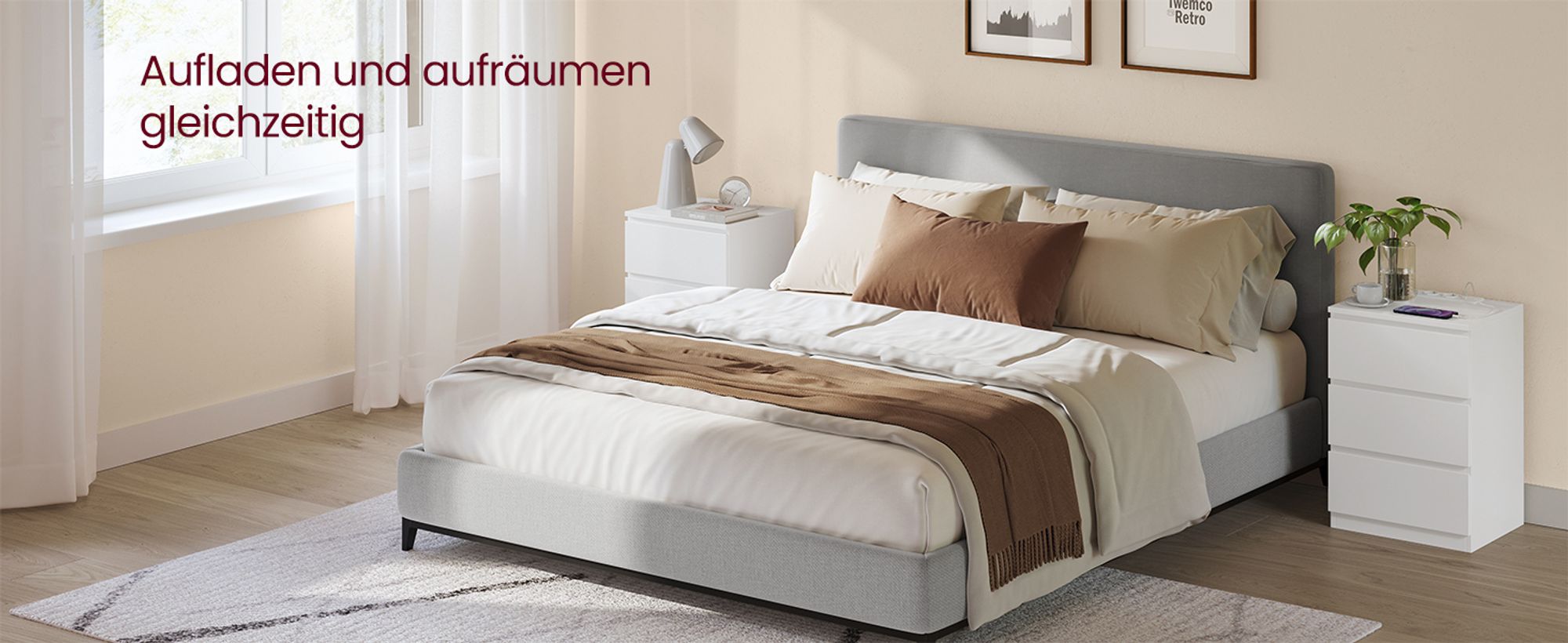 VASAGLE Nachttisch, 2er Set, Beistelltisch, 3 Schubladen, abgeschrägte Kante, 2 AC-Steckdosen, 2 USB-Anschlüsse