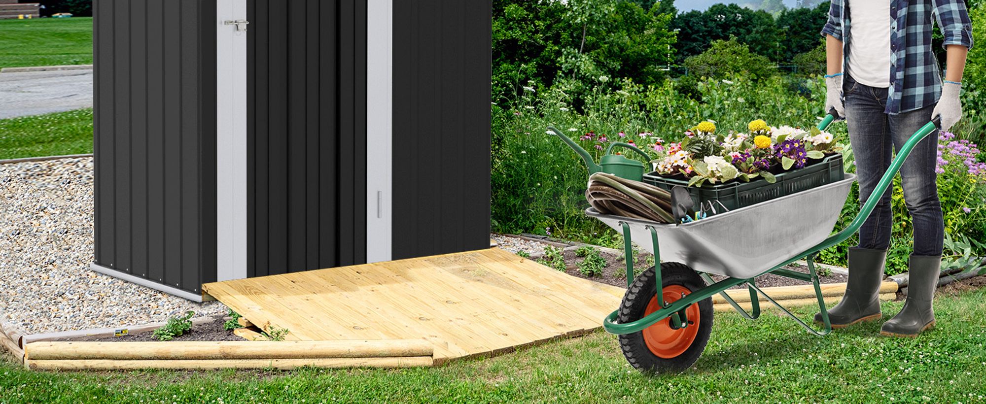 Outsunny Gerätehaus Gartenhaus Geräteschuppen mit Tür Outdoor Stahl Dunkelgrau 142 x 84 x 189 cm