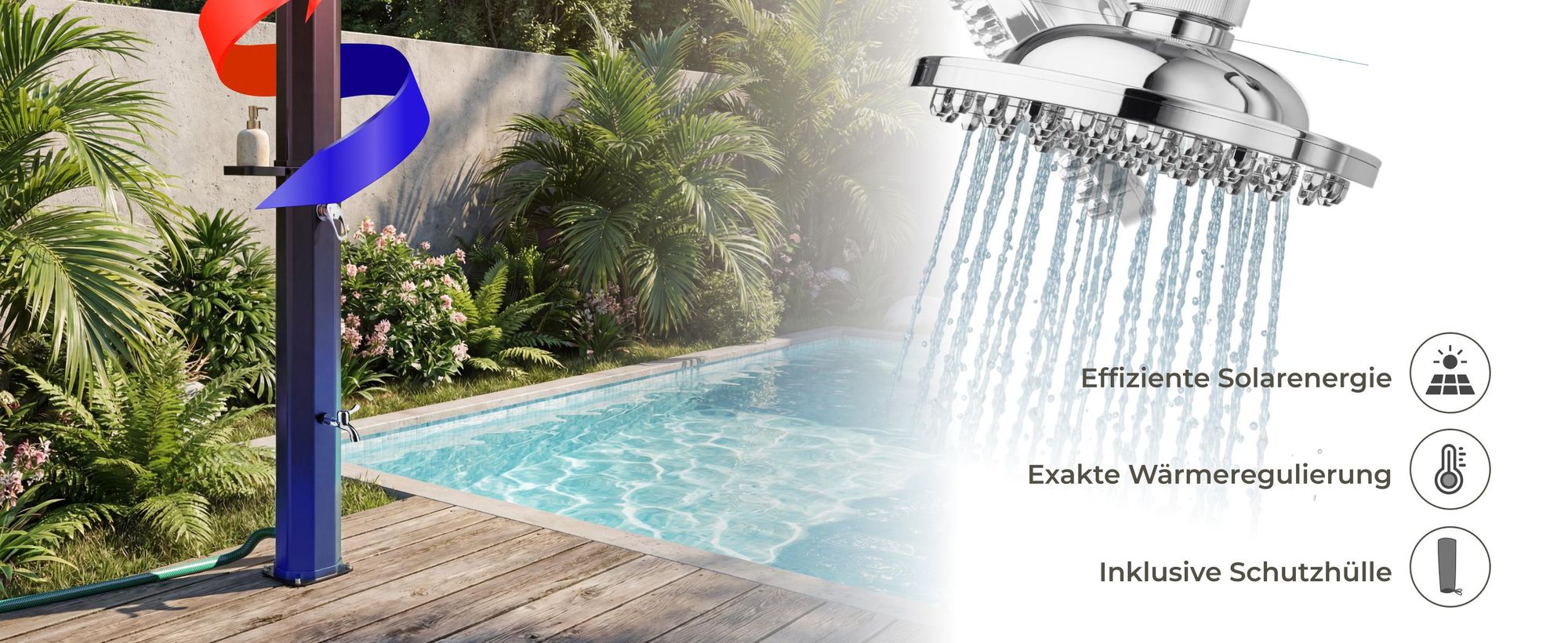 tectake® Solardusche Ofanto 35 Liter, mit Seifenablage extra Wasserhahn, inklusive Schutzhülle
