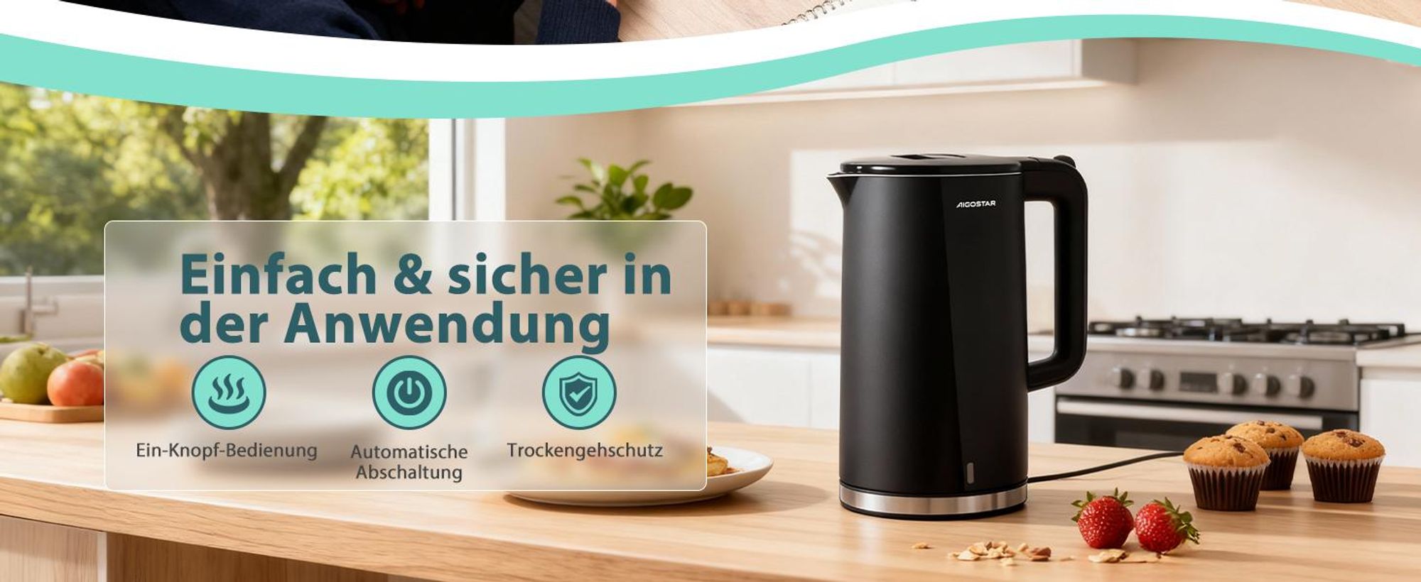 Aigostar - Doppelwand Edelstahl Wasserkocher, 2200W, 1,7 L, Schwarz