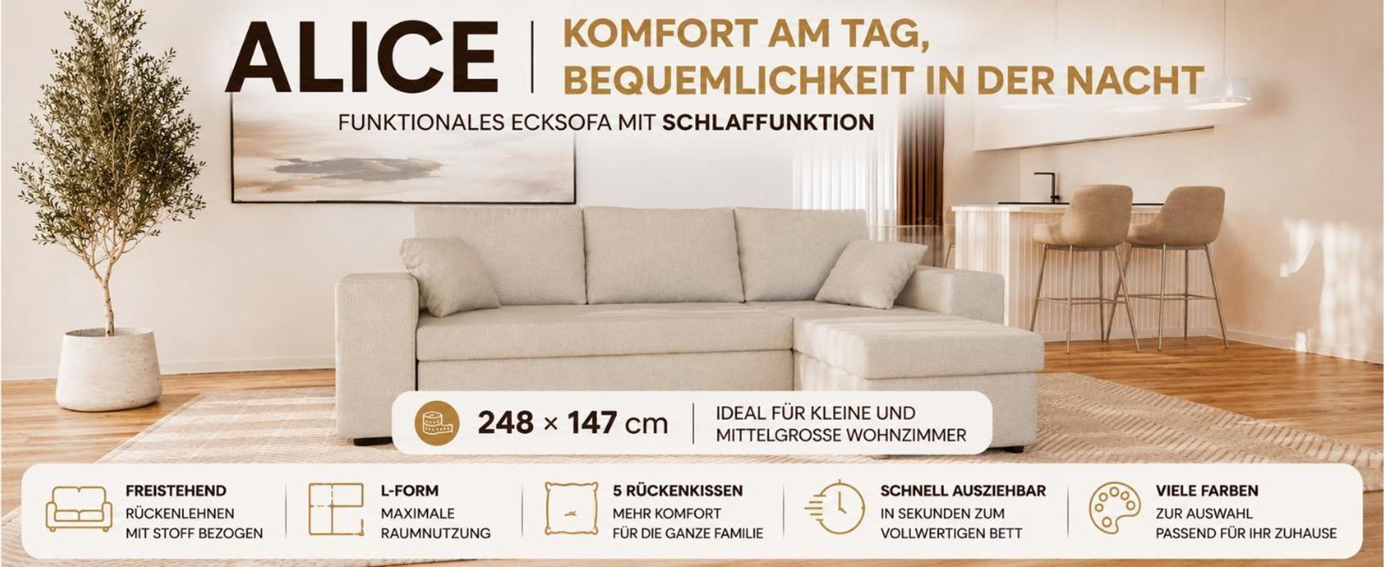 Ecksofa mit Schlaffunktion, ANTONIO ALICE - 248x147x81cm, Ottomane links oder rechts, Schlaffunktion & 2 Bettkästen, Eckgarnitur, Samtbezug in Beige
