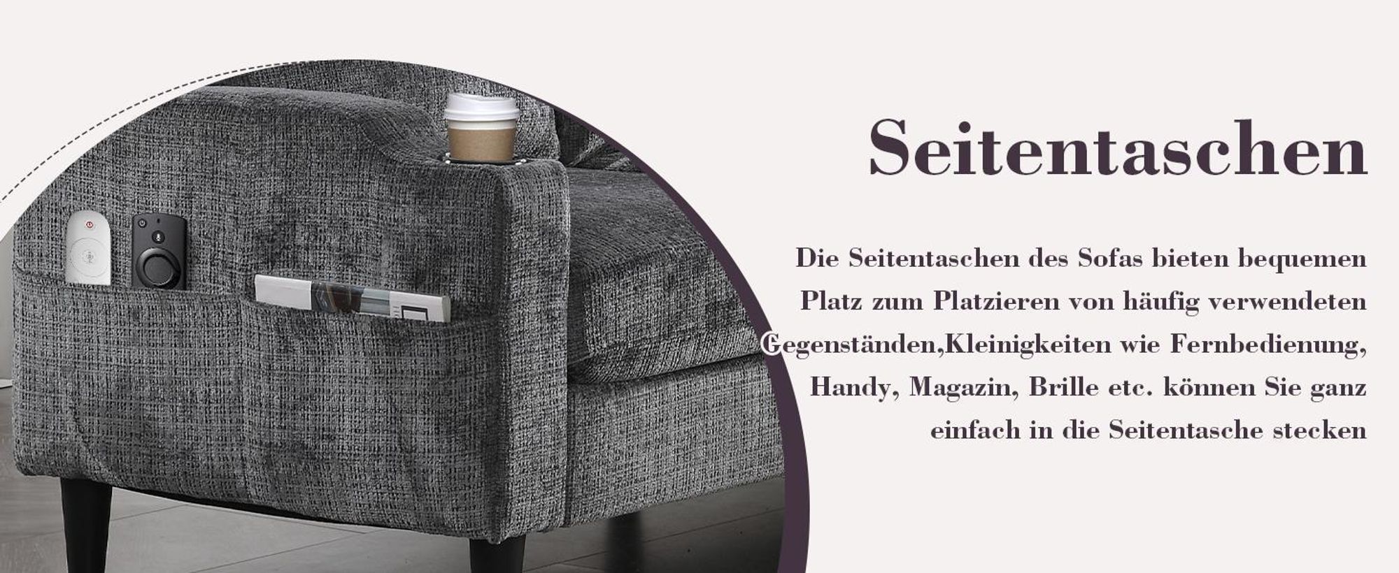 LVHOM 3-Sitzer-Sofa mit Hocker, 196,5 cm Modulares Sofa mit Getränkehälter und Seitentaschen, Sitzbank Chenille mit Stauraum, Couchgarnitur, Beige