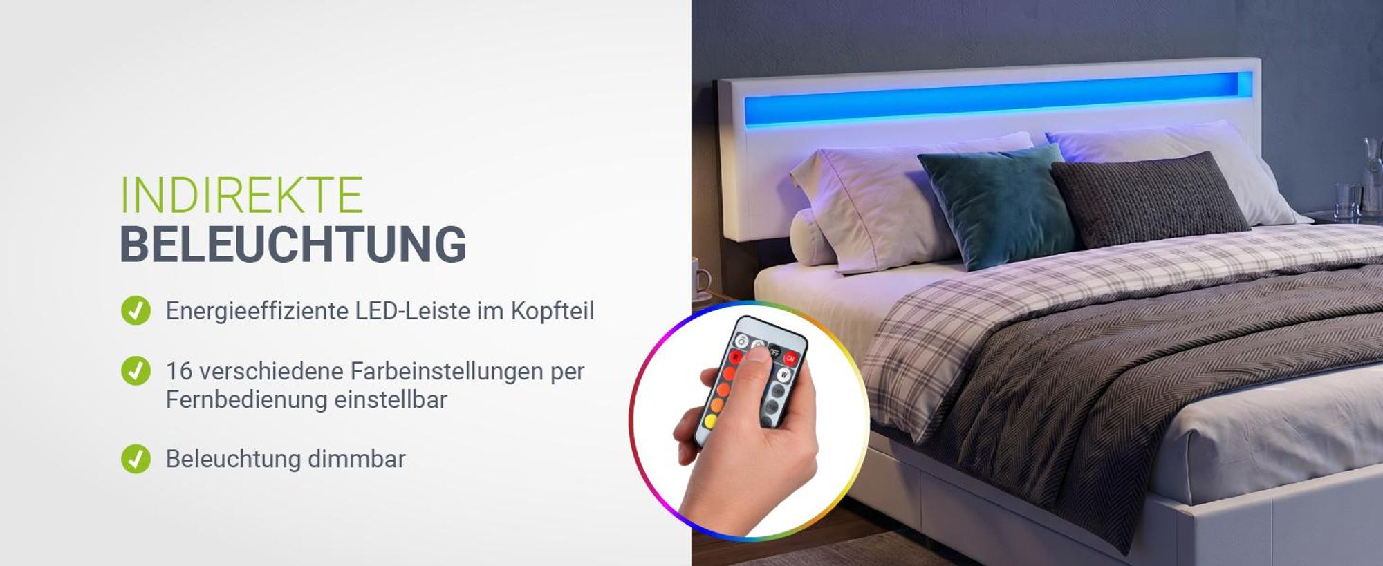 Juskys Polsterbett Lyon 180 x 200 cm weiß – Bettgestell mit Lattenrost, Bettkasten & LED Beleuchtung  – Kunstleder & Holz – Bett Doppelbett