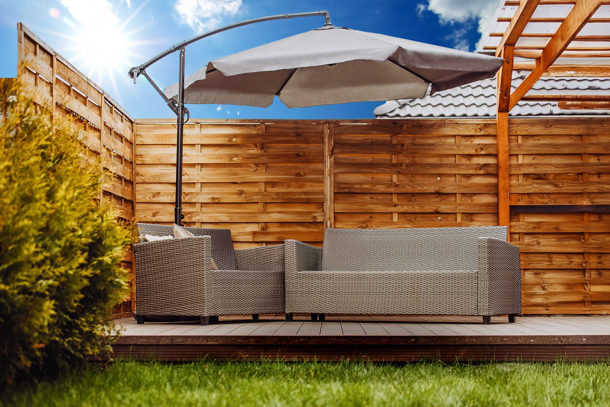 Parasol Lehmann Ø 350 cm Średnicy po materiale ze stojakiem, ochrona UV, wodoodporny (beżowy)