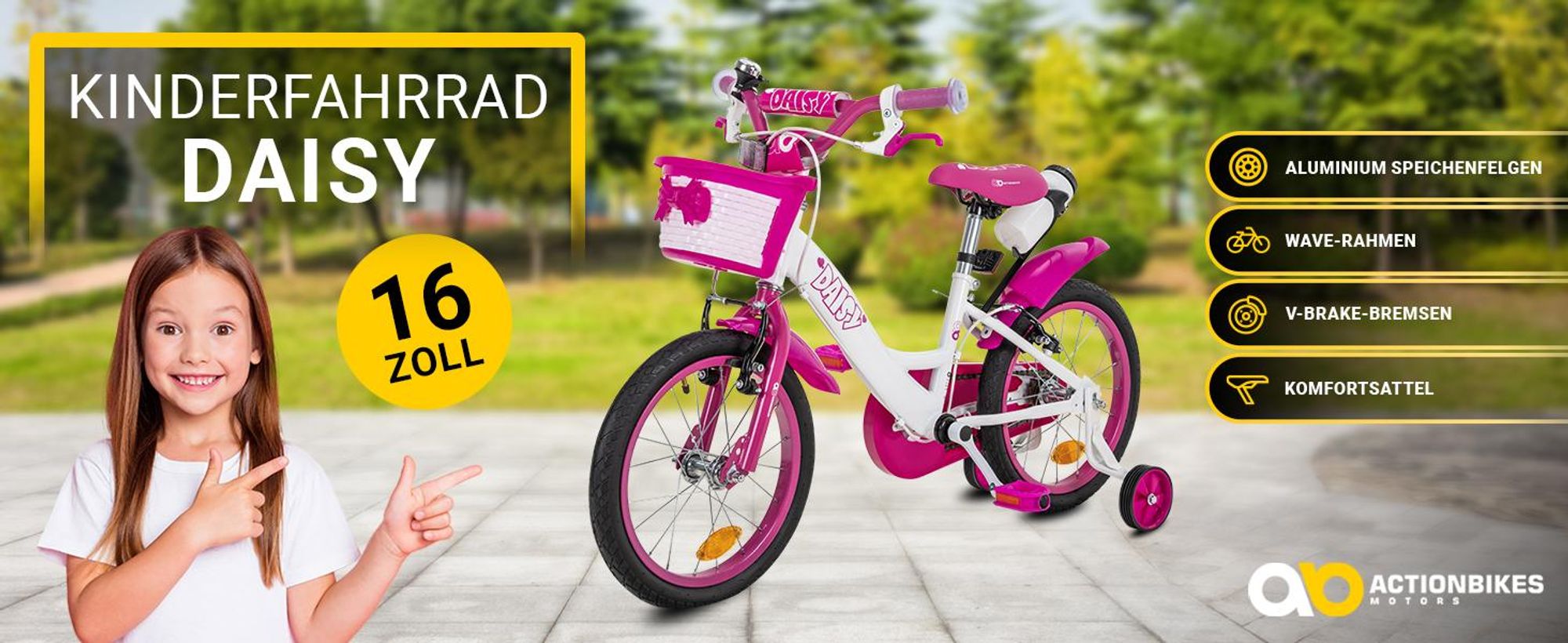 Actionbikes Kinderfahrrad Daisy 16 Zoll | Kinder Fahrrad - V-Brake Bremsen - Kettenschutz - Fahrradständer - Stützräder - Mädchenfahrrad - 4-7 Jahre