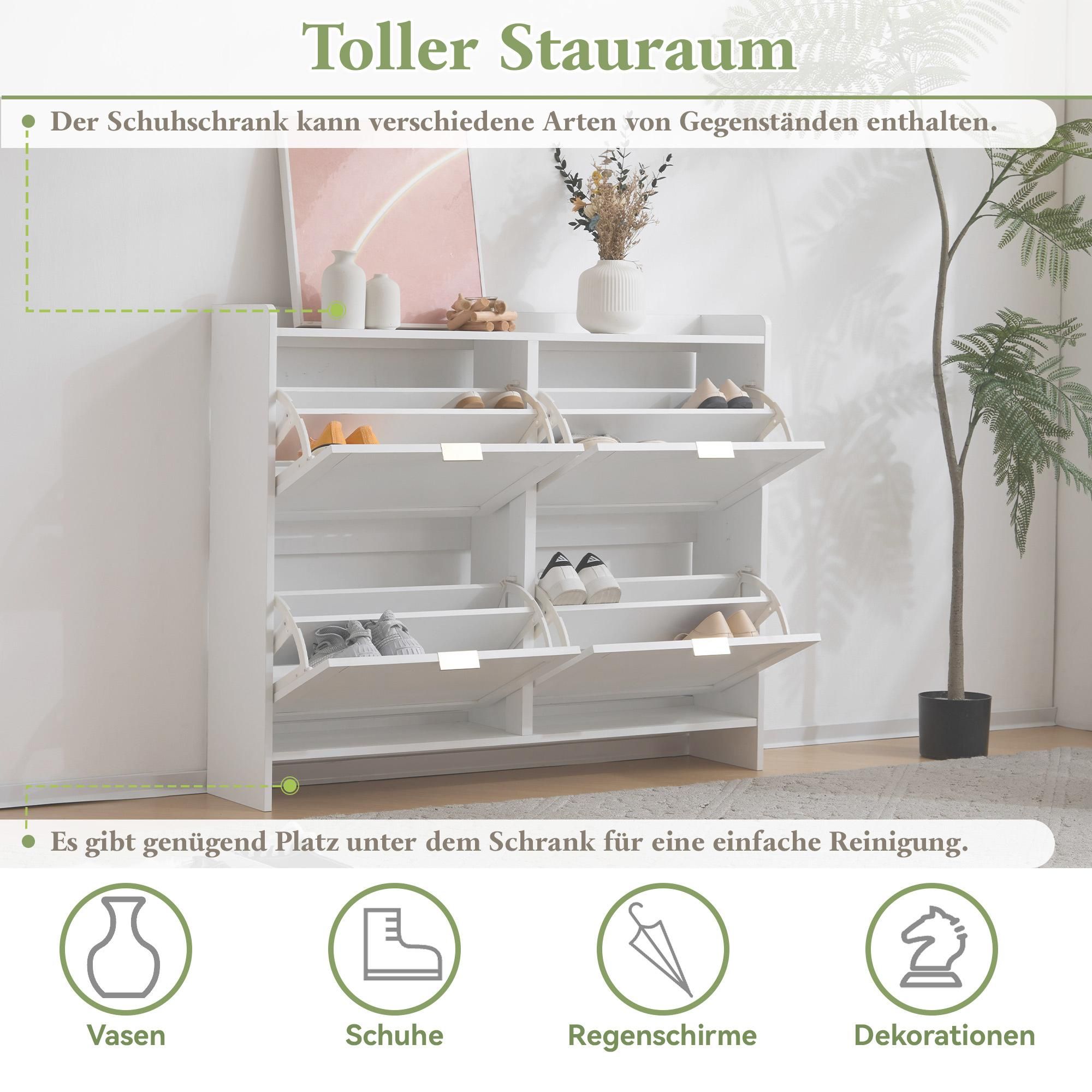 Merax Schuhschrank Schuhregal mit 4 Klappenfächern, moderner Schuhkommode mit freistehendes Regal, Maße: B110/H90/T24 cm