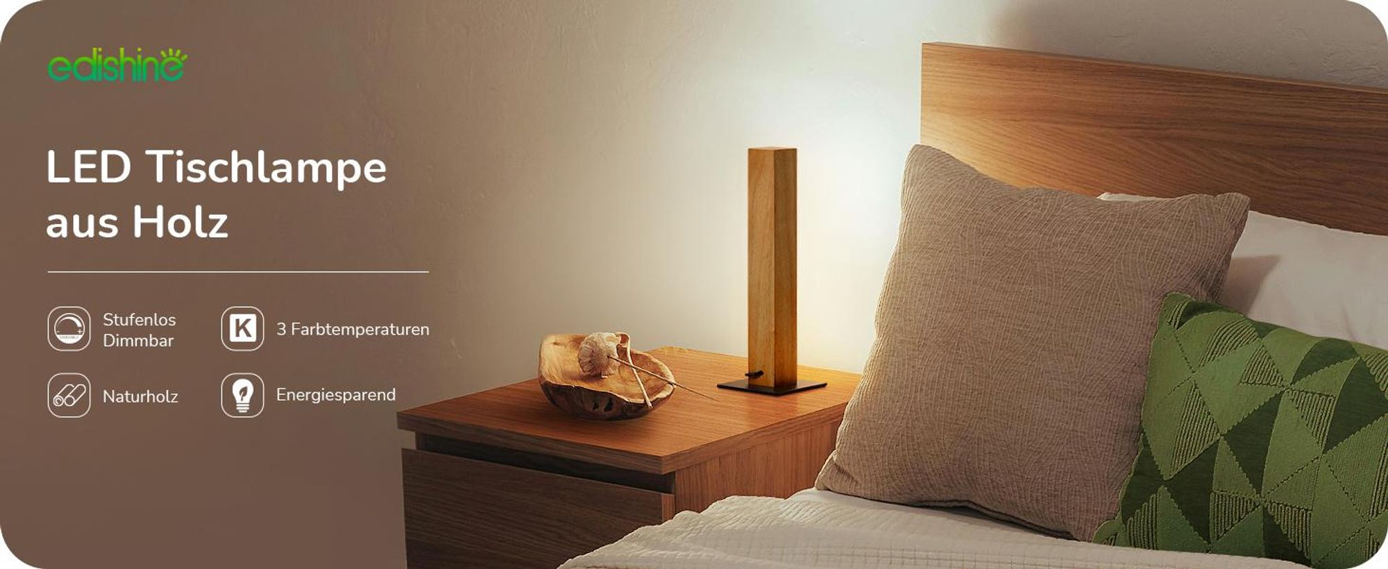 EDISHINE LED Tischlampe Holz, Nachttischlampe Touch Dimmbar, Speicherfunktion