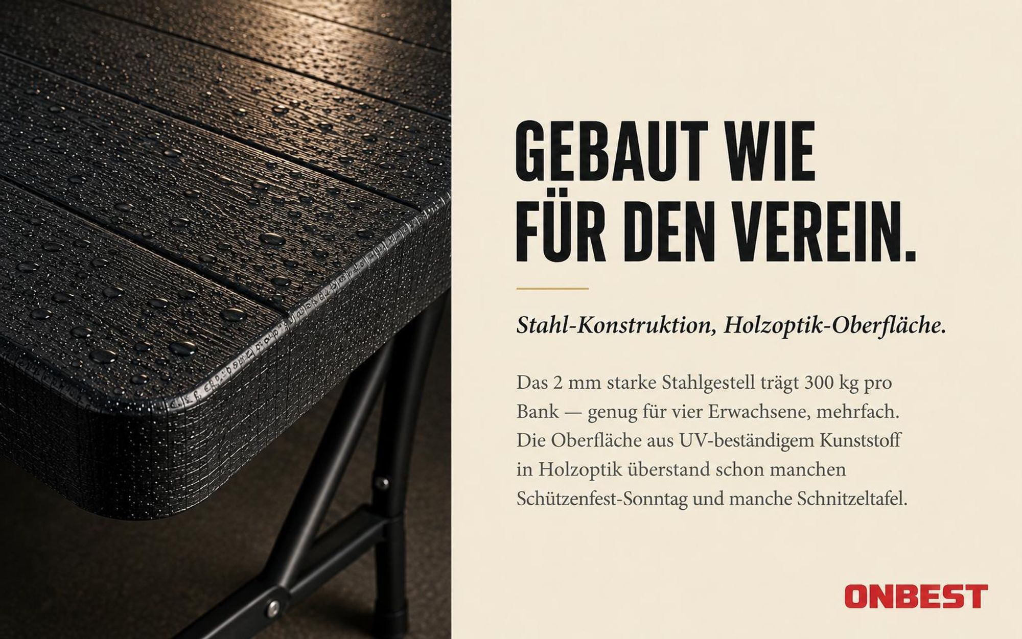 ONBEST Bierzeltgarnitur Woody | klappbar | 300kg | mit Tragegriff | Holzoptik | Wetterfest | Kunststoff