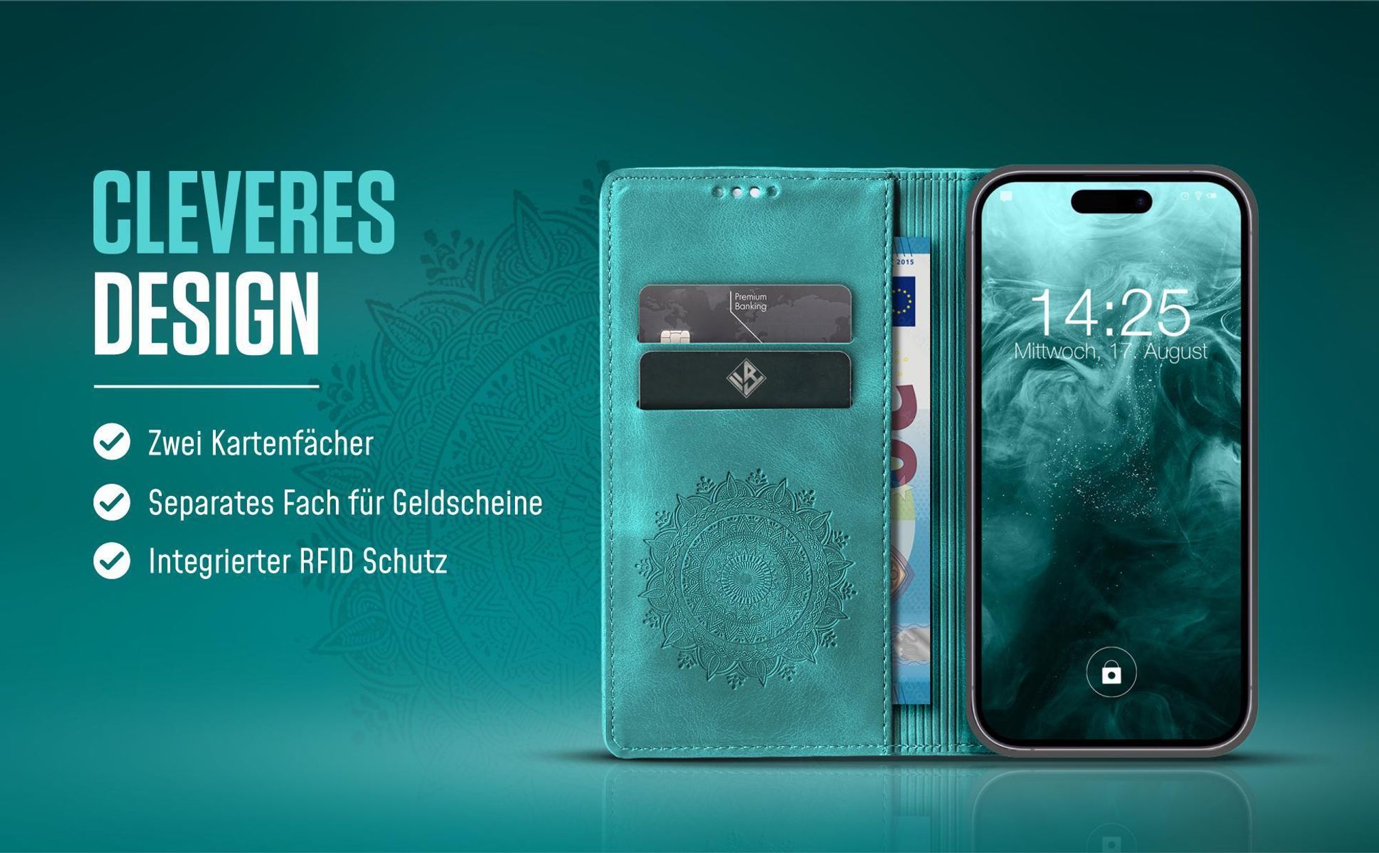 Handyhülle in Türkis für Apple iPhone 17 mit Kartenfächern und RFID Schutzschicht