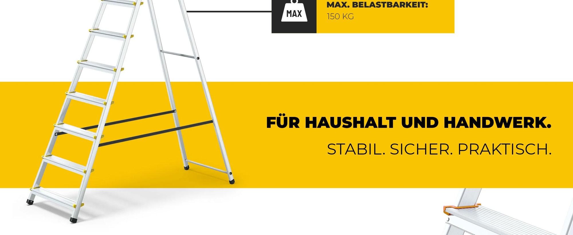 Drabest | Leiter - Aluminium Leiter Pro - 8 Stufen - Trittleiter - Stabil, Antirutsch, mit Regal - Tragkraft 150 kg