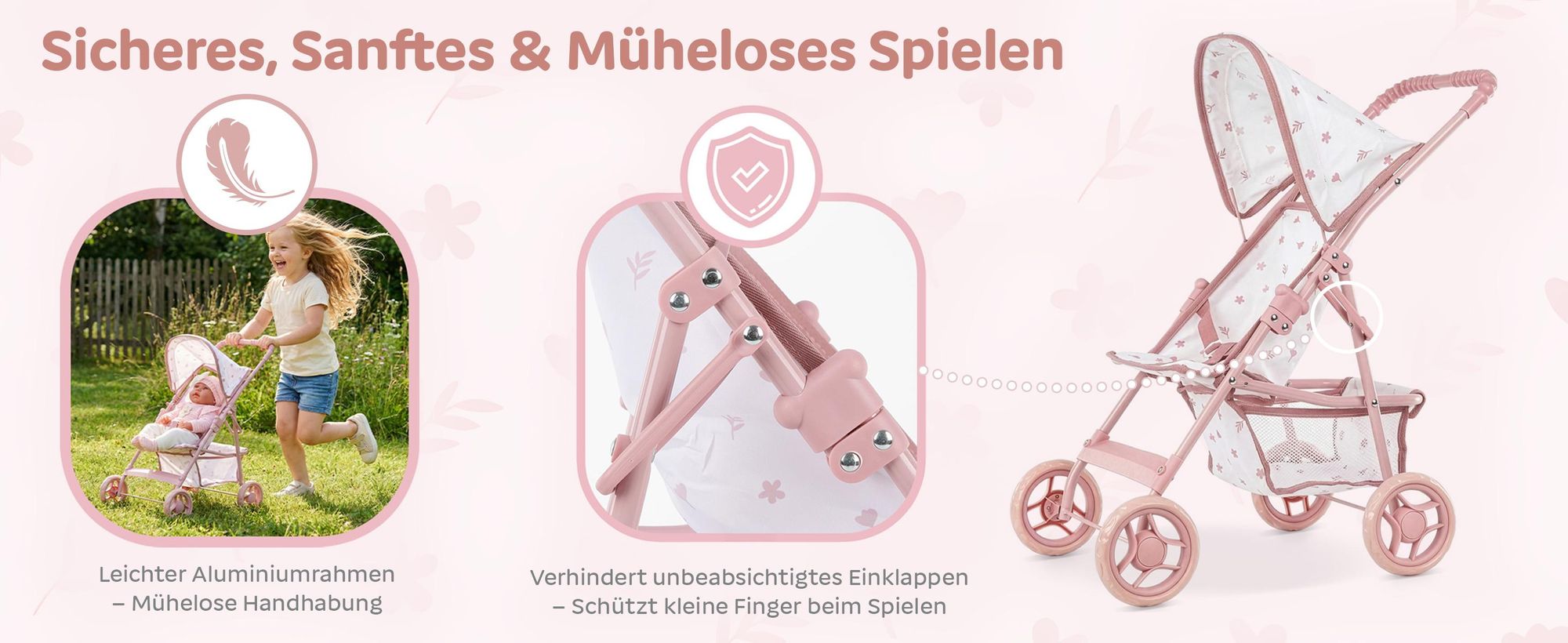 Puppenbuggy klappbar – leichter Puppenwagen mit EVA-Rädern und Zubehörkorb – Rollenspiel für Kinder ab 3 Jahren