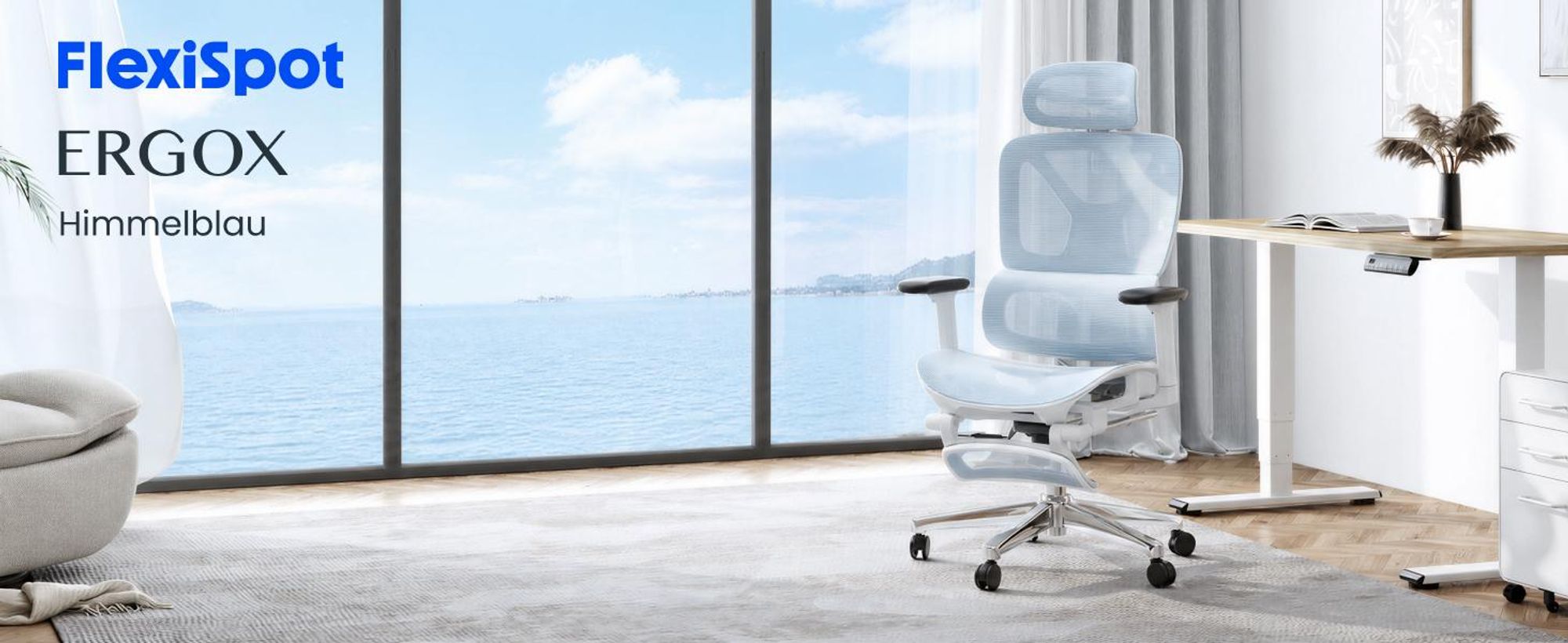 FLEXISPOT ErgoX Ergonomischer Bürostuhl mit Fußstütze, 3D-Armlehnen & Kopfstütze, 5D-verstellbare Rückenlehne, Tragfähigkeit von 136 kg, Blau