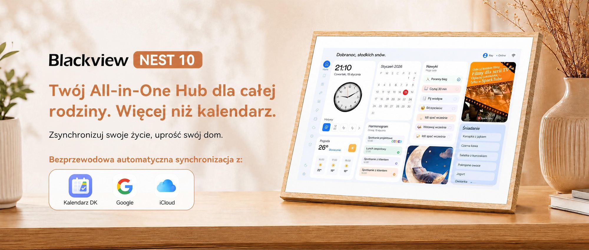 2026 NEU! Blackview NEST 10, cyfrowy kalendarz i ramka na zdjęcia o przekątnej 10,1 cala, z dotykowym ekranem, Wi-Fi, rozdzielczości 1280x800, formacie 16:10, funkcją udostępniania zdjęć, zabezpieczeniem dla dzieci i wzorem imitującym drewno