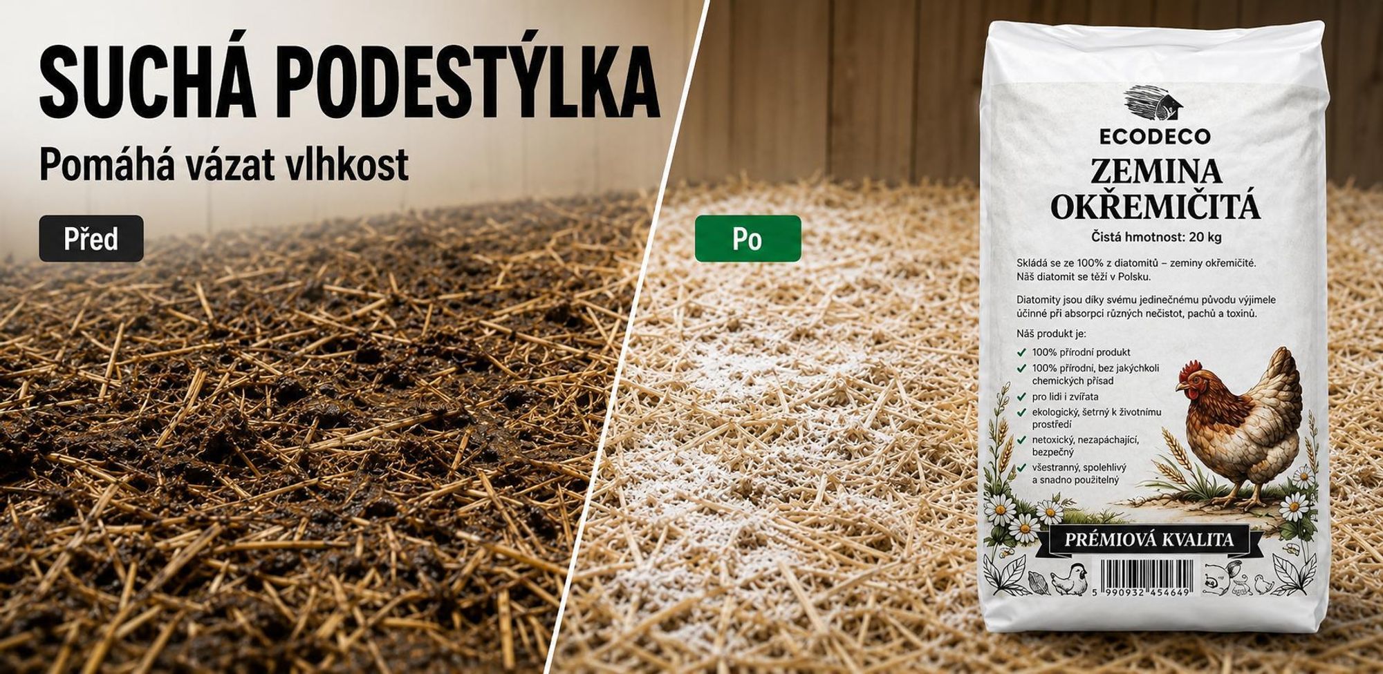 Ecodeco, křemelitá zemina (diatomit), 10 kg. Vhodná pro slepčí hnízda, stelivo a chov zvířat. Minerální materiál, který dobře absorbuje vlhkost, je bez zápachu