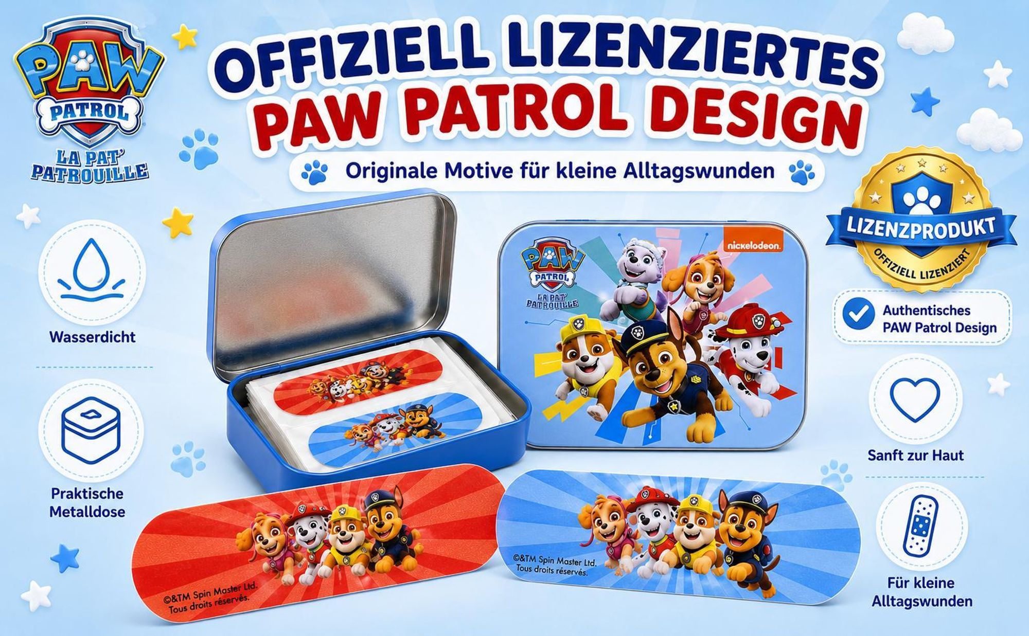 Paw Patrol Kinderpflaster Lizensiertes Produkt - Metall-Box - 24 Pflaster - Schönes Design Pflaster Aufbewahrungsbox für Kinder - 1 Box