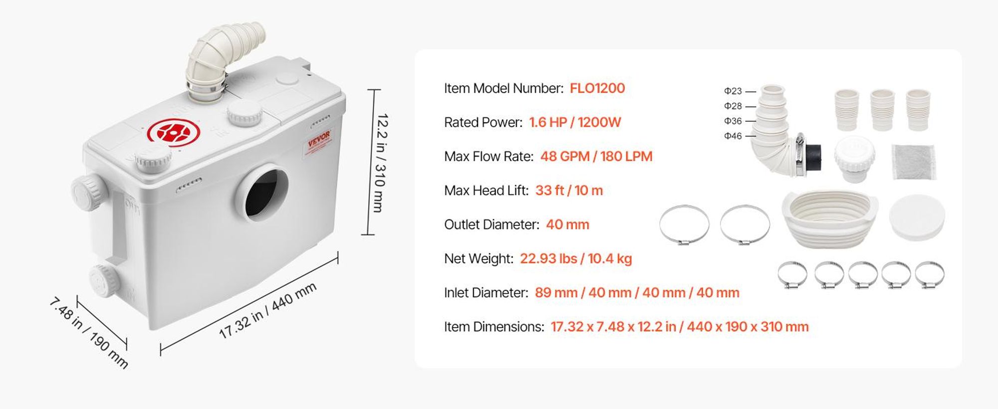 VEVOR Zerkleinerungspumpe, 700W, 9600 L/h Durchfluss, 10 m Förderhöhe, Zerkleinerung Abwasser Hebepumpe mit 3 Wasseranschlüssen für Toilette, Keller, Küche, Spüle, Dusche, Badewannen Abwasserentsorgung Hebemaschine, Bodenstehende Toilette-a, 1200 W