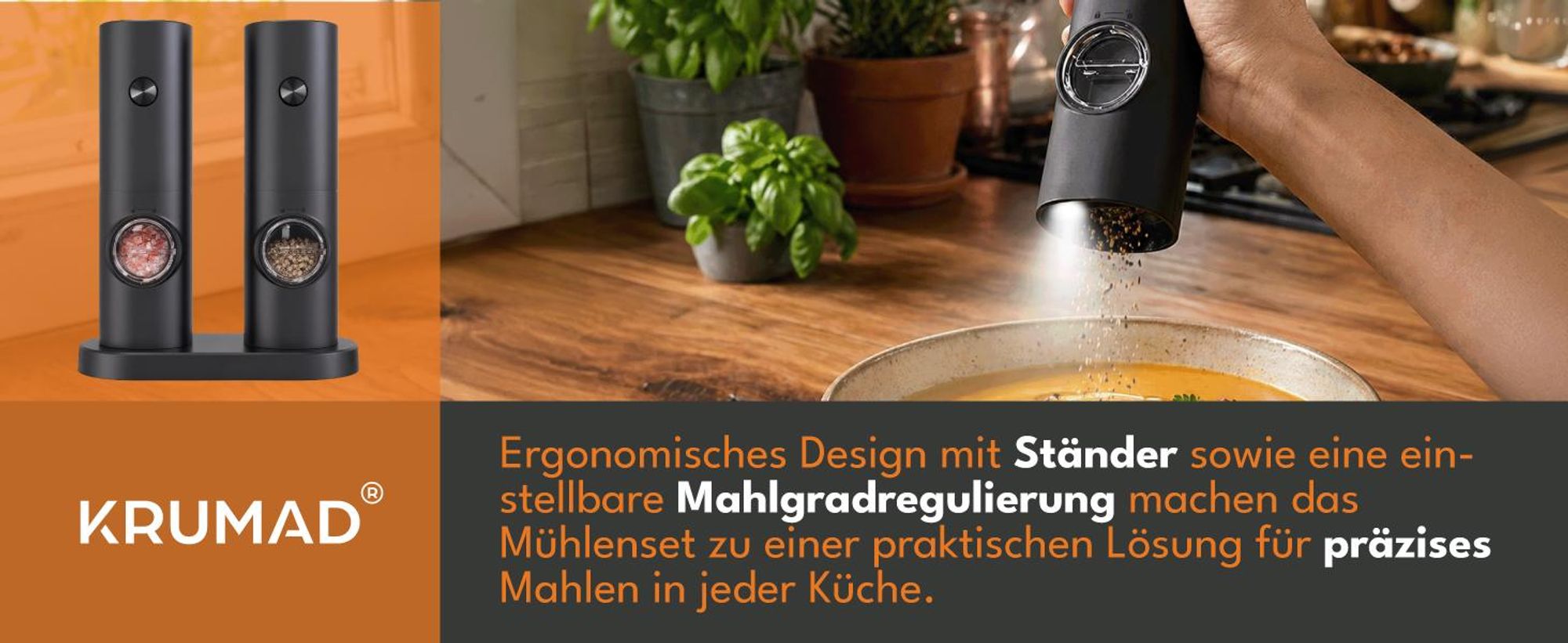 KRUMAD Elektrische Salz und Pfeffermühle 2er Set, Gewürzmühle mit einstellbarer Mahlstärke, Batteriebetrieben, Modernes Design, Schwarz