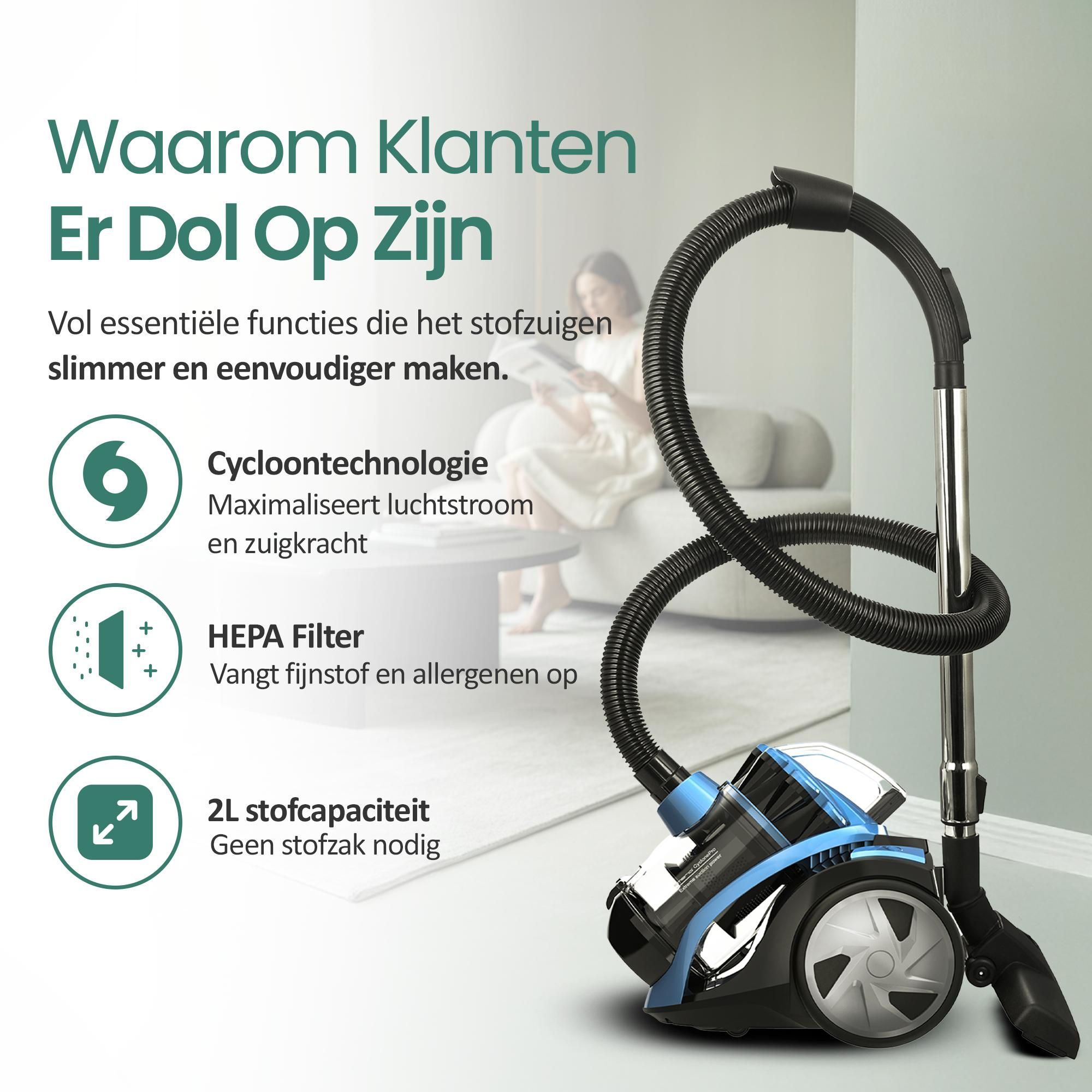 Emerio Stofzuiger zonder zak – 2 L – HEPA-filter – Snoerlengte 4,5 m – High Performance-borstel – 700 W – Zwart/Blauw – VCE-108278.10