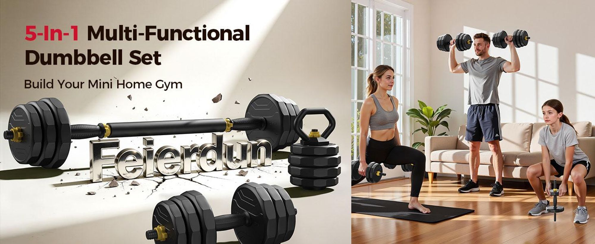 FEIERDUN 22 kg Hantelset, 4-in-1, für Langhantel, Kettlebell & Liegestütz