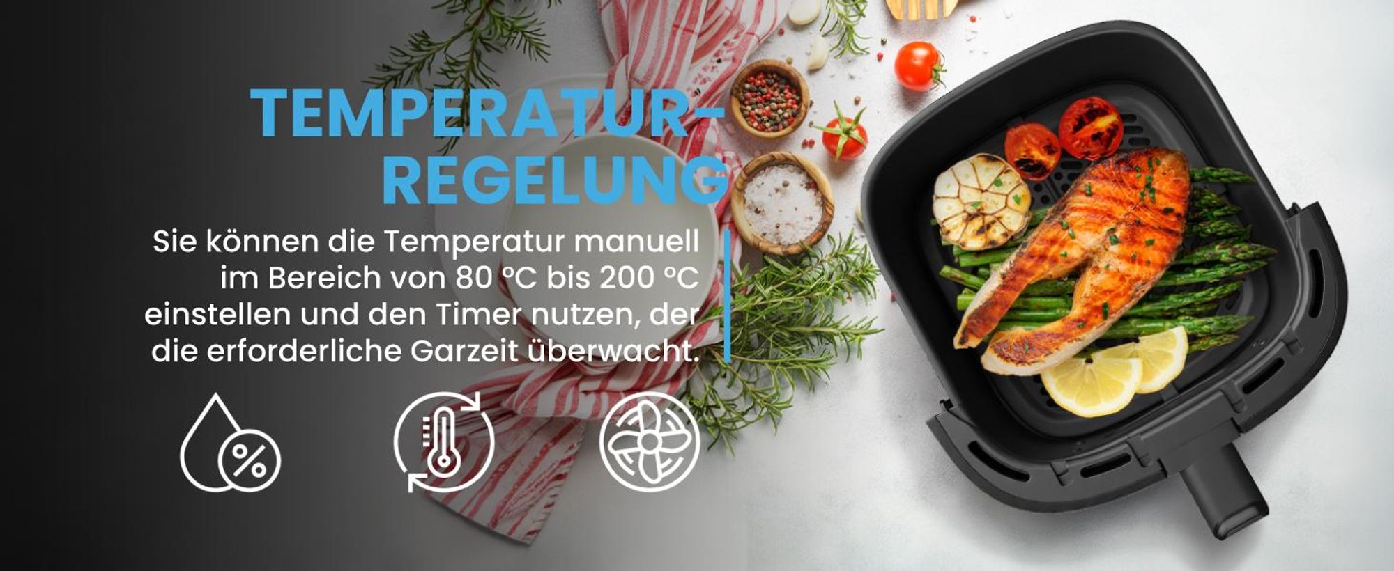 Heißluftfritteuse mit 7 Litern Fassungsvermögen, Sichtfenster und 8 Programmen in Schwarz
