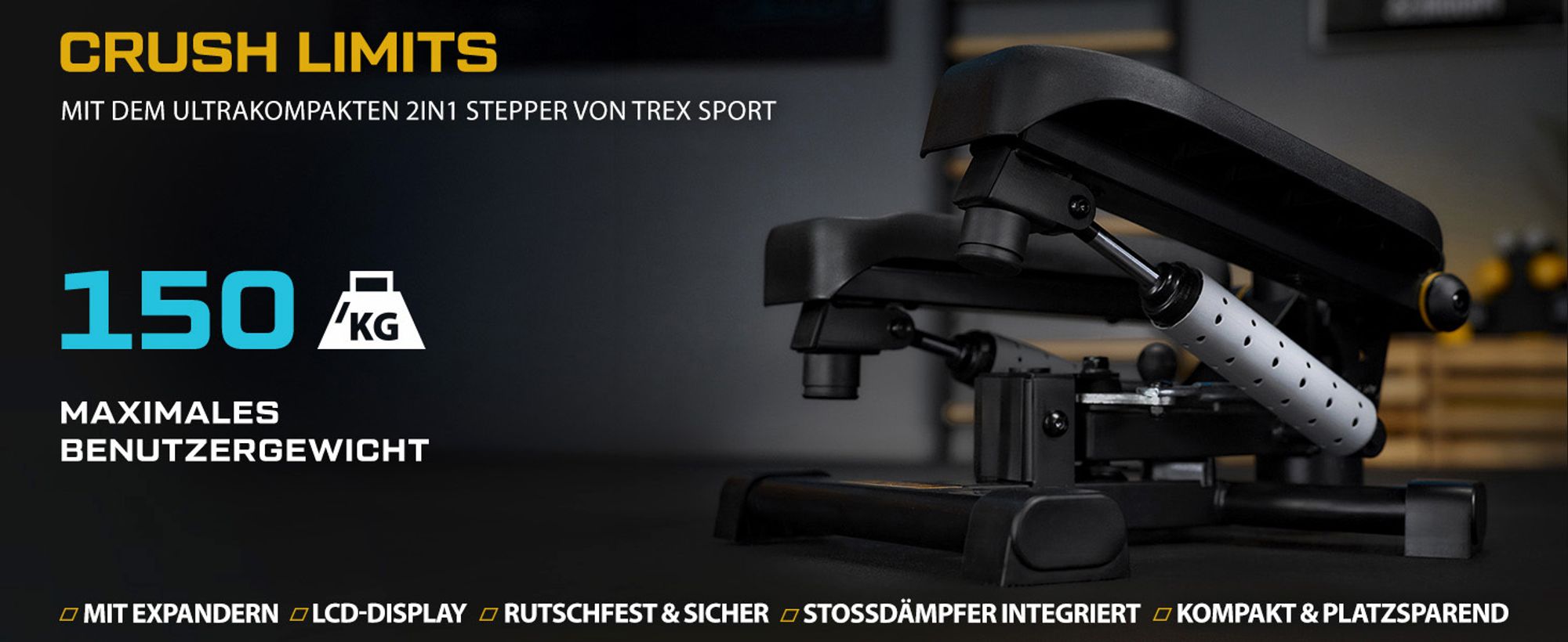 TREX SPORT 2in1 Mini-Stepper mit Expandern TX-070SP Twiz |Trainingscomputer, LCD Display, 150kg Belastbarkeit |Fitnessgerät Treppenstepper für Zuhause