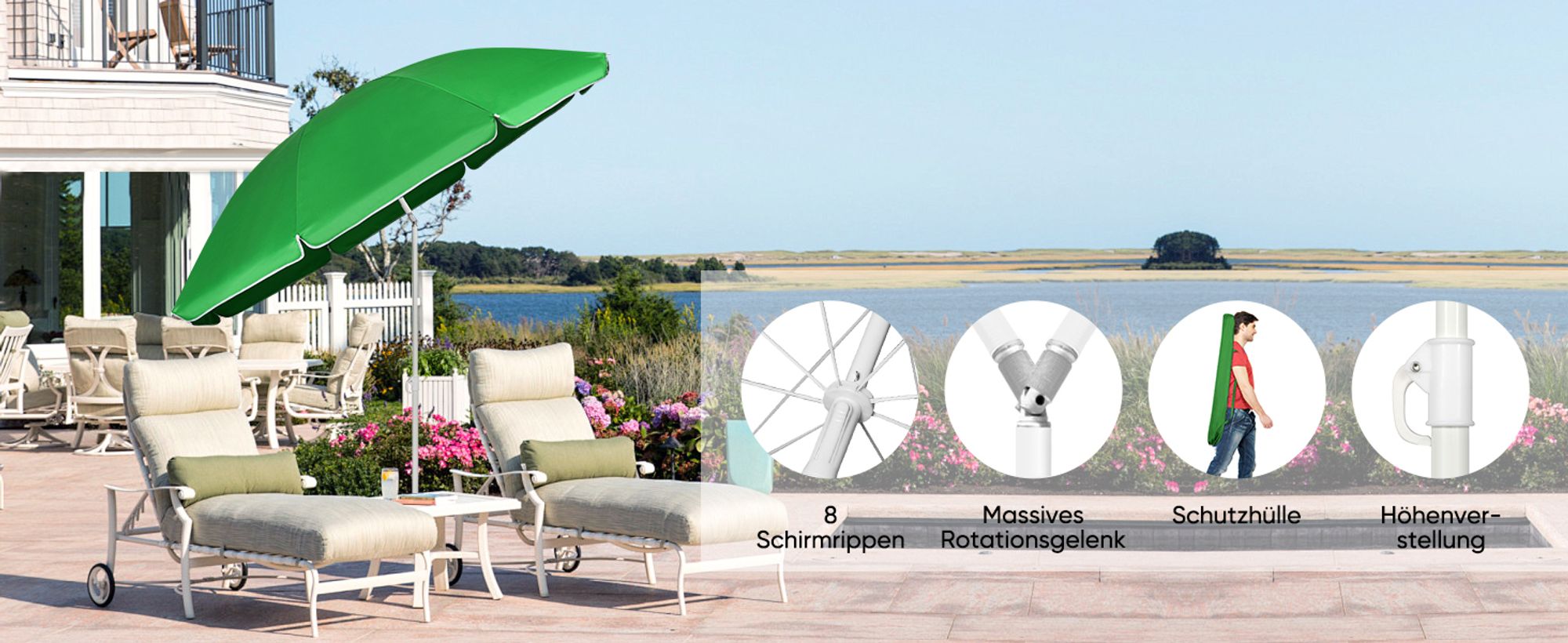 Sekey Sonnenschirm 180 cm Rund Balkonschirm Strandschirm mit Schutzhülle UV Schutz Windstabil Wasserabweisend, Grün