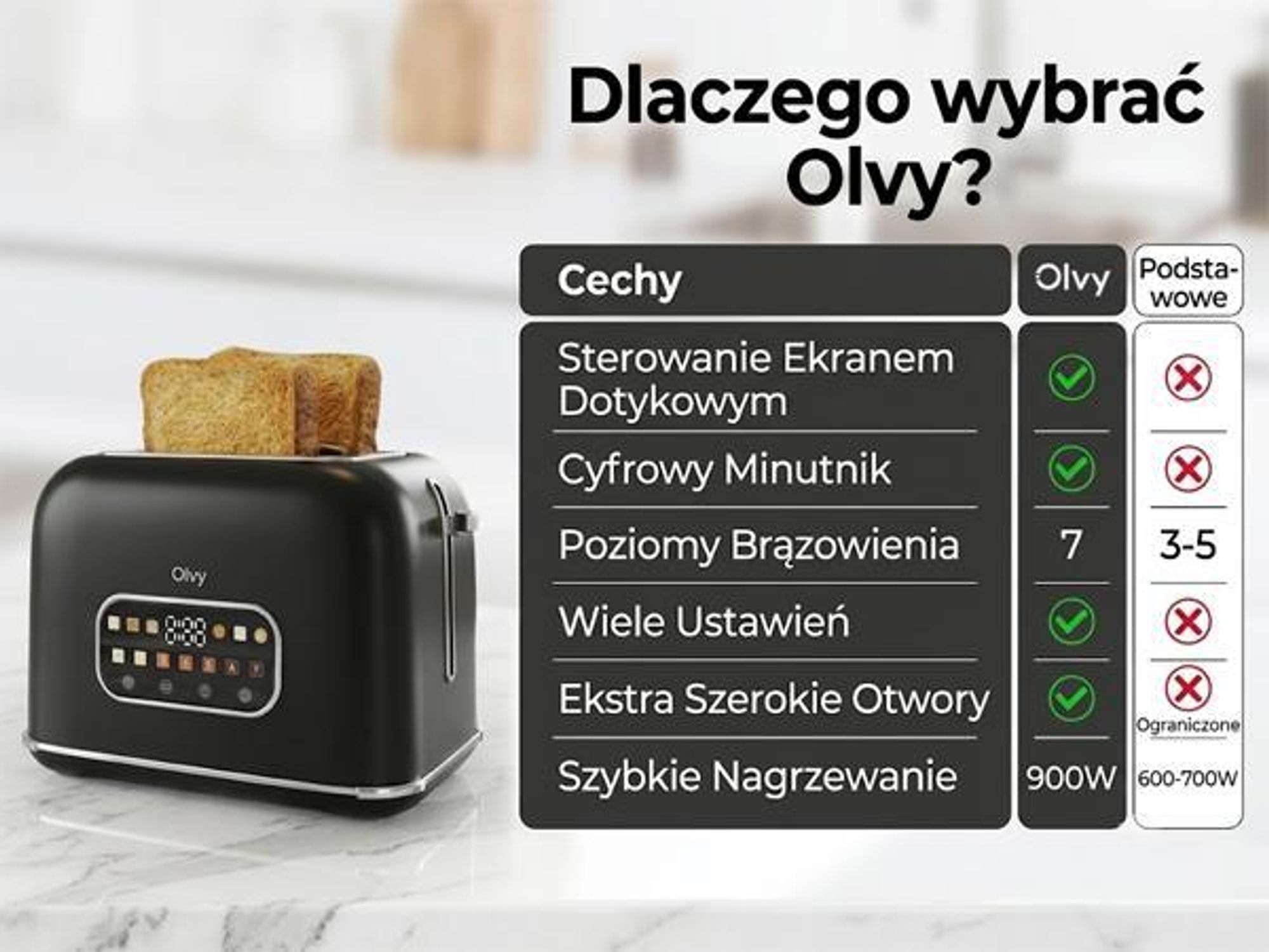 Toster Olvy, ekran dotykowy z timerem, 7 stopni opalania, bardzo szerokie szczeliny, 6 programów, w tym bagel i gofr, funkcja rozmrażania i podgrzewania, czarny