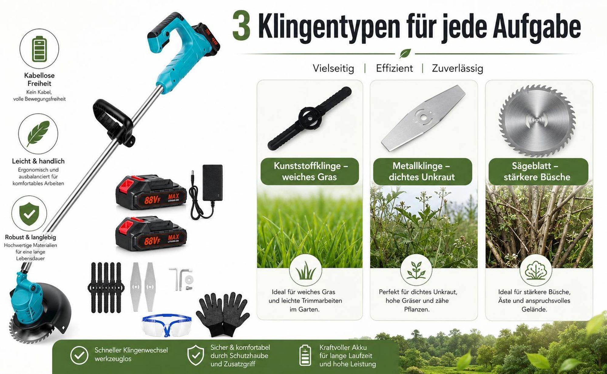 Akku-Rasentrimmer, Elektrischer Grasschneider, mit 2 Batterie und Ladegerät, 180° Trimmwinkel, Teleskop-Stiel & Zusatzhandgriff, Blau