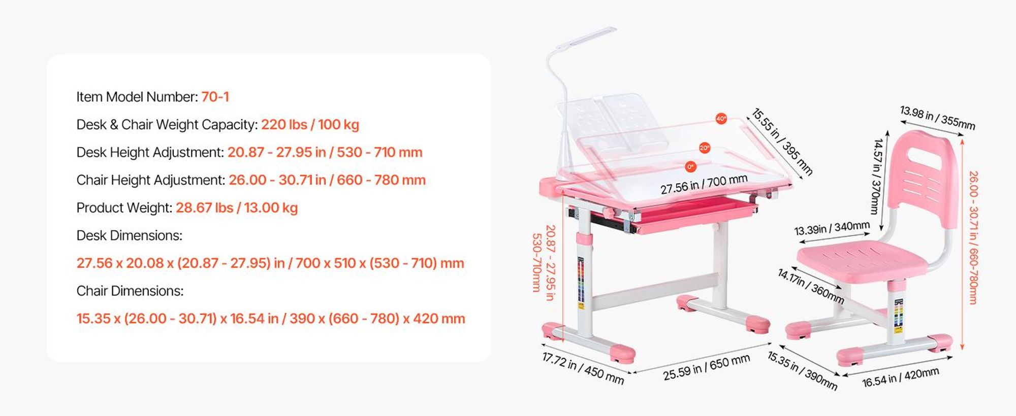 VEVOR Schreibtischset, Kinderschreibtisch und Stuhl, höhenverstellbar (53-71 cm), belastbar (100 kg), geeignet für Schlafzimmer, Pink