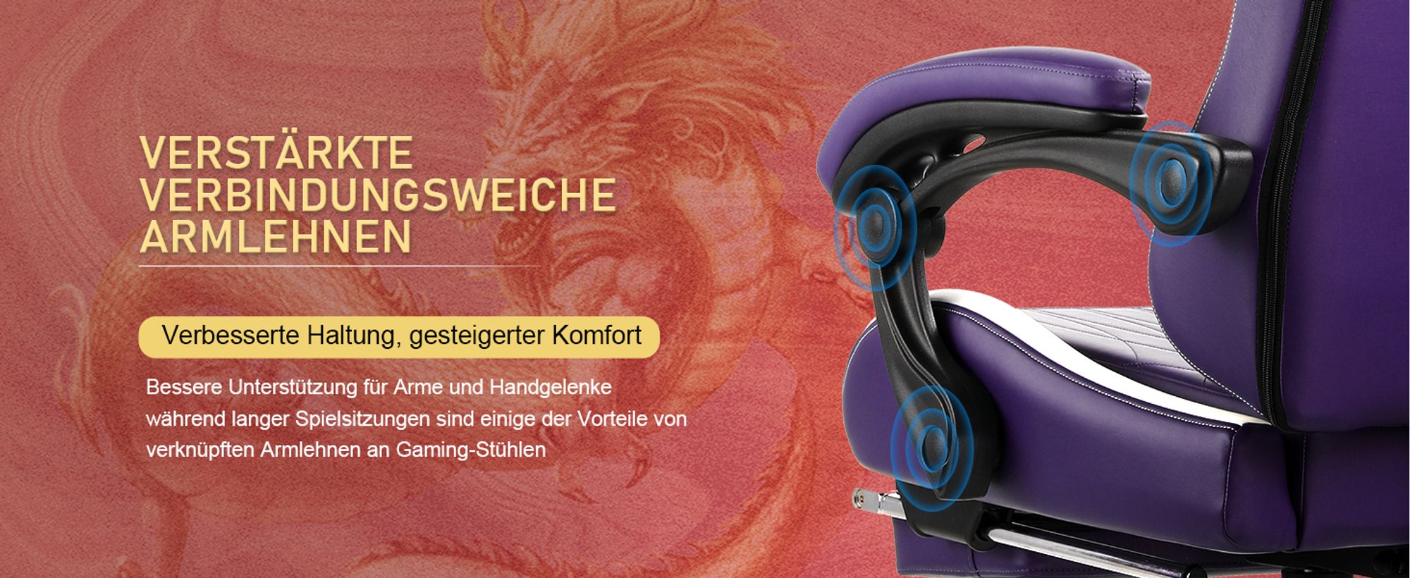 GTPLAYER Gaming Stuhl Gamer Stuhl mit Bluetooth-Lautsprechern und Fußstütze, Dragon Series Bürostuhl, Ergonomischer Drehsessel, Computerstuhl Violett