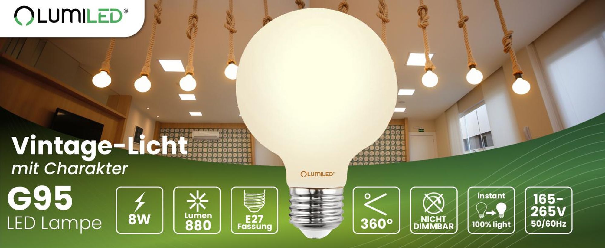 LUMILED 3x E27 LED Lampen G95 Vintage Globe 8W Ersetzt 75W Glühlampe 880lm Leuchtmittel 3000K Warmweiß Glühbirne milchig Filament Glas Große Kugel Deko 3 Stück Birnen Haus Café Bar ?95mm