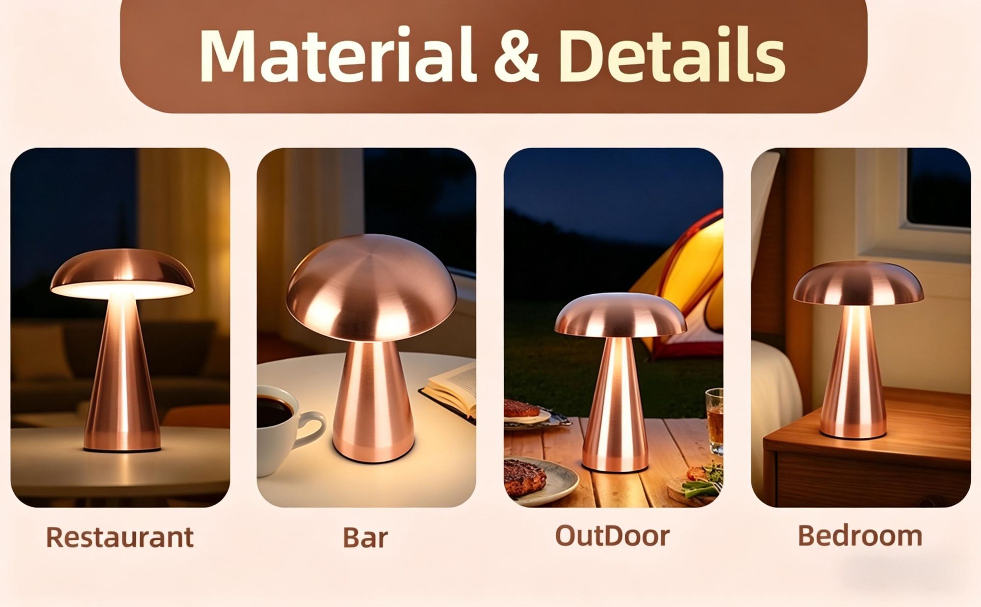 LED-Pilzlampe, tragbare Metall-Schreibtischlampe,USB-Aufladung Nachttischlampe, dreifarbiges Touch-Kabellos Dimmen, Augenschutz-Nachtlicht, Roségold