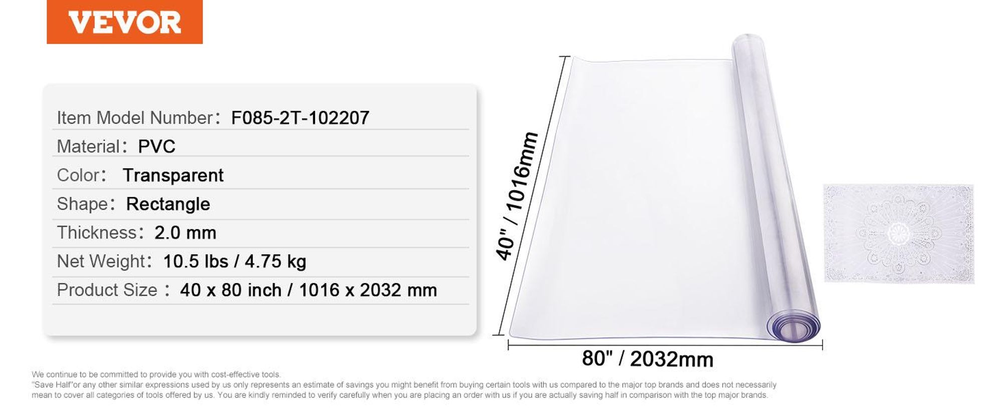 VEVOR Kunststoff-Tischdecke, 40 x 80 Zoll, 2,0 mm dick, transparenter Tischschutz, rechteckige PVC-Schreibtischunterlage, wasserdichte und leicht zu reinigende Schreibtischunterlage, Tischdecke,