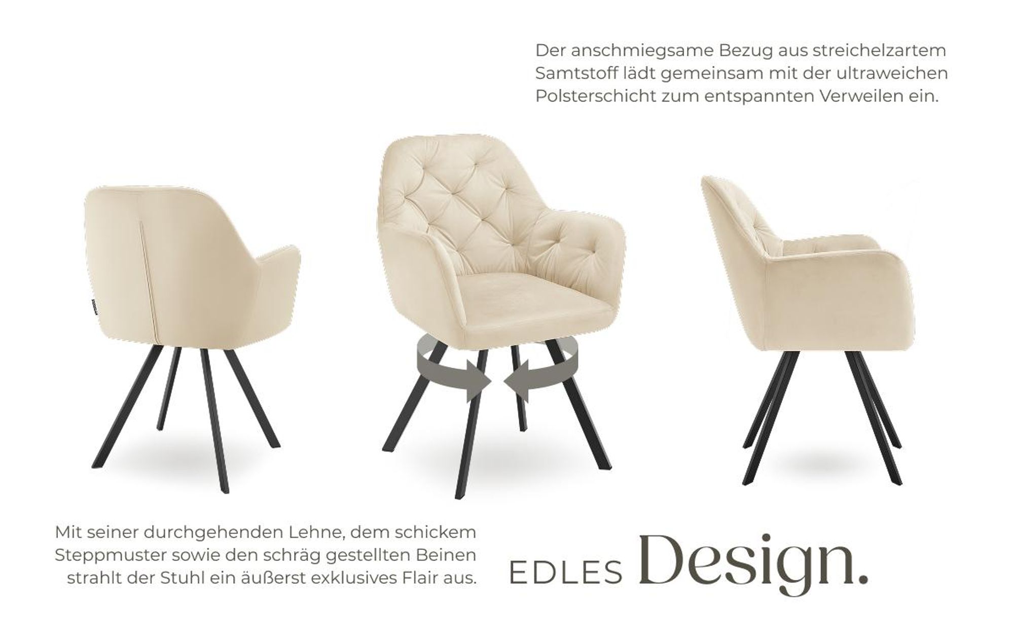 tectake® Drehbarer Samt-Armlehnstuhl Lucia gepolstert, mit Steppmuster 58 x 58 x 87 cm