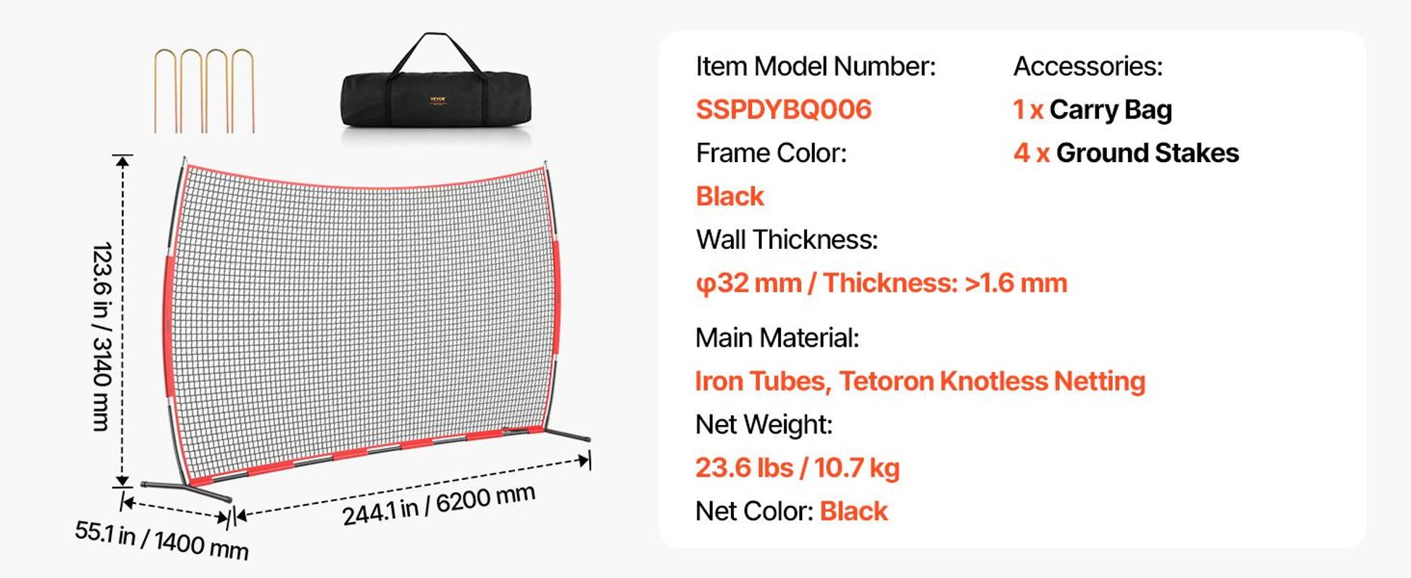 VEVOR Backstop-Netz, 620 x 140 cm Ballsport-Absperrnetz, Übungsausrüstung mit Tragetasche, Schutzschirm für Baseball, Softball, Lacrosse, Fußball