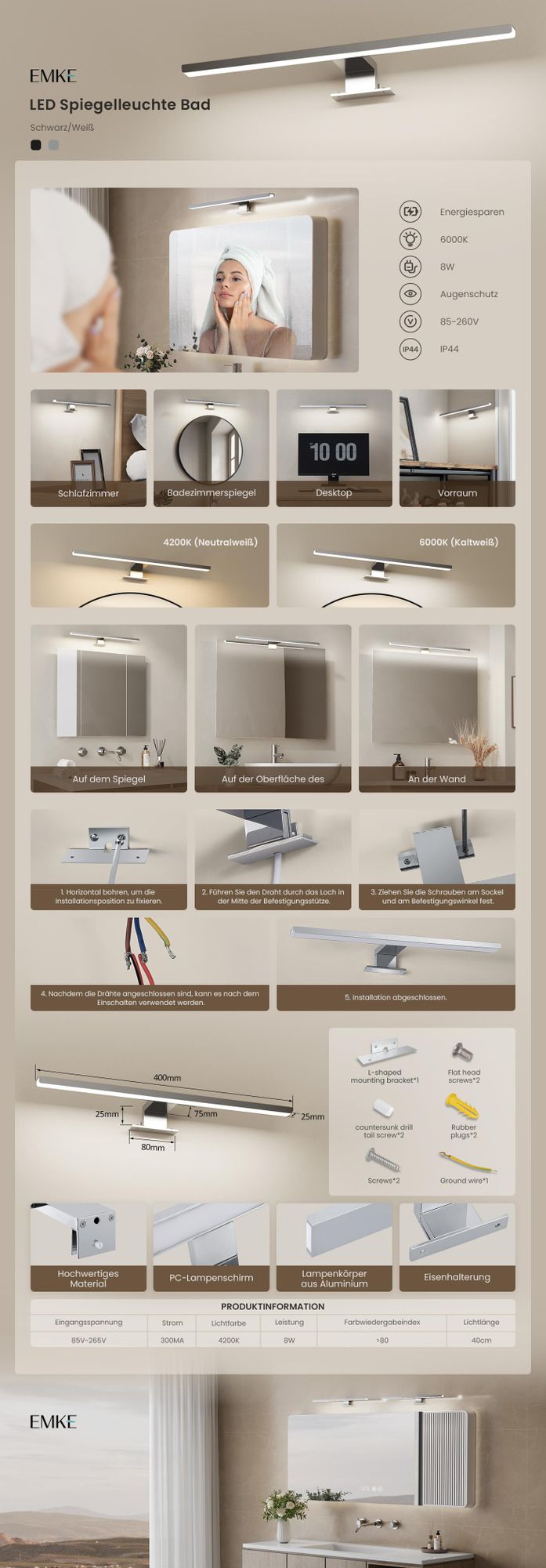 EMKE LED Spiegelleuchte 40 cm – Chrom, 6000 K Kaltweiß, IP44 Badlampe für Spiegel & Schrank