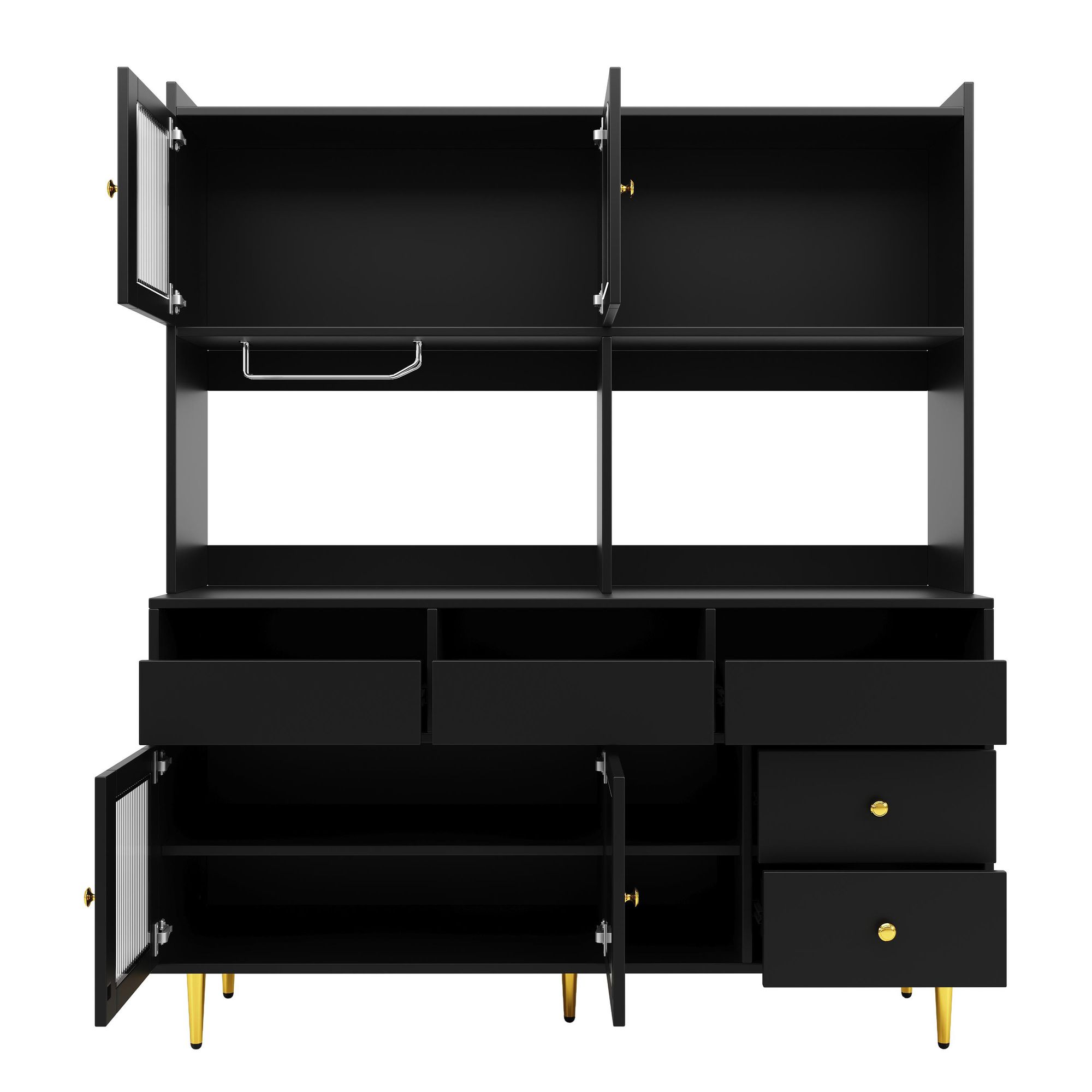 Flieks Küche Hochschränke Küchenbuffet mit Glastür, Küchenschränke Buffet mit Weingestell, Buffetschrank Highboard mit Offenen Staufächern, Schwarz