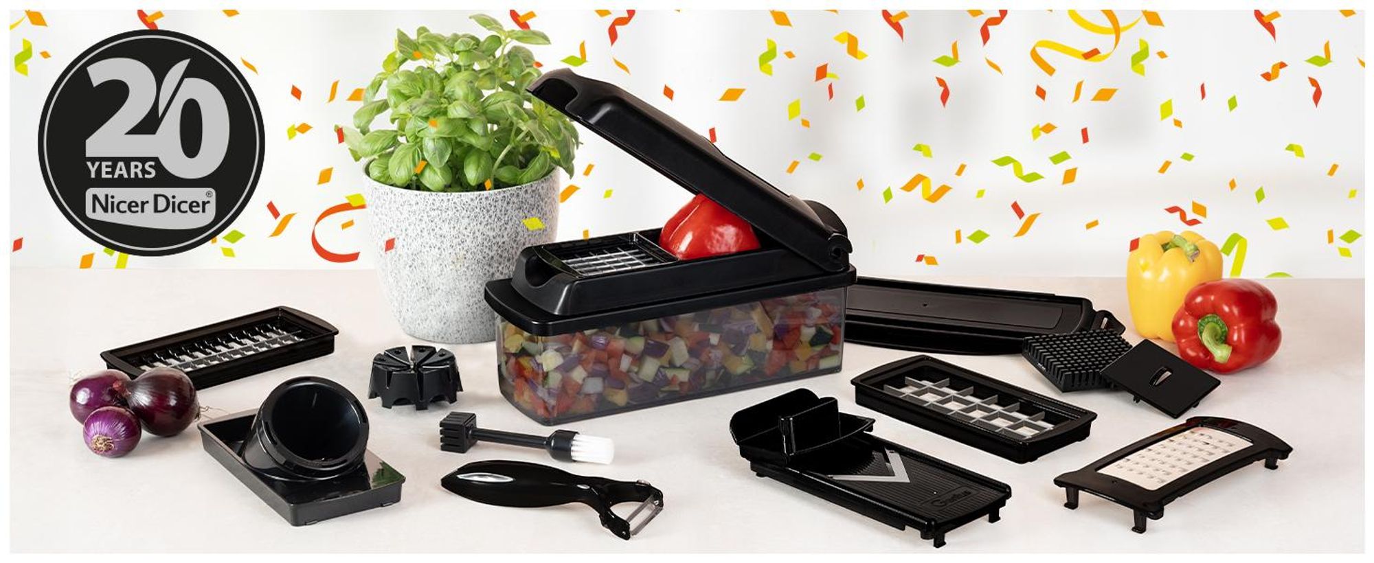 Genius Nicer Dicer Plus Gemüseschneider 17-tlg Jubiläums-Edition – Gemüsehobel Reibe mit 1.5L Auffangbehälter mit Deckel, Spiralschneider