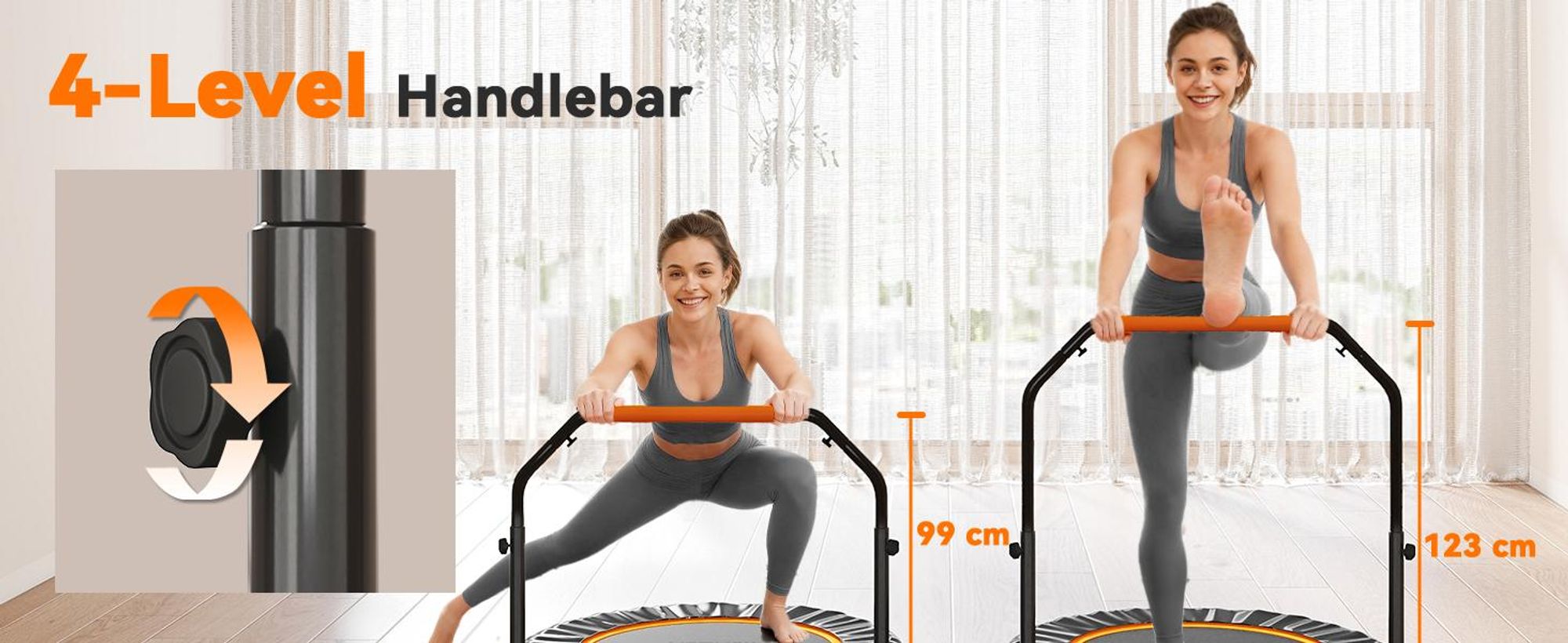 Trampolina fitness HOMCOM 102 cm, składana mini trampolina z uchwytem o czterech regulowanych wysokościach, trampolina fitness dla dorosłych, do 100 kg, kolor czarny + pomarańczowy