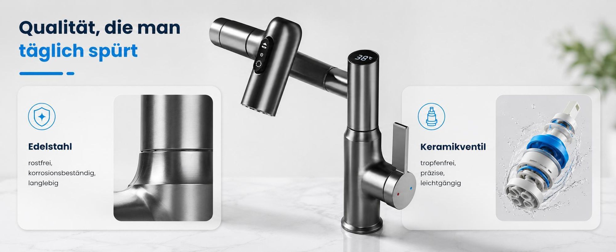 Wasserhahn Bad mit 3 Strahlarten, LED-Temperaturanzeige Armaturen küche, 360° drehbar, Edelstahl, Keramikventil, für Bad & Küche