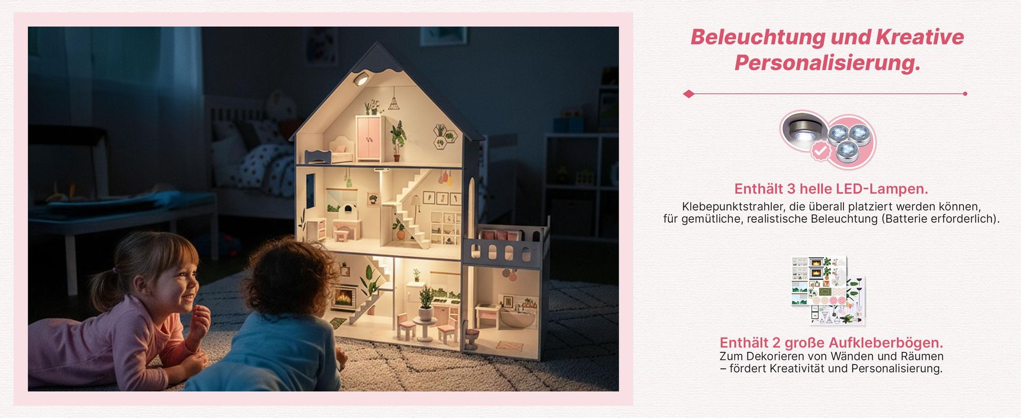 Großes Holz-Puppenhaus 118 cm mit LED und Möbeln – 3 Etagen, 7 Zimmer, Terrasse und Zubehör