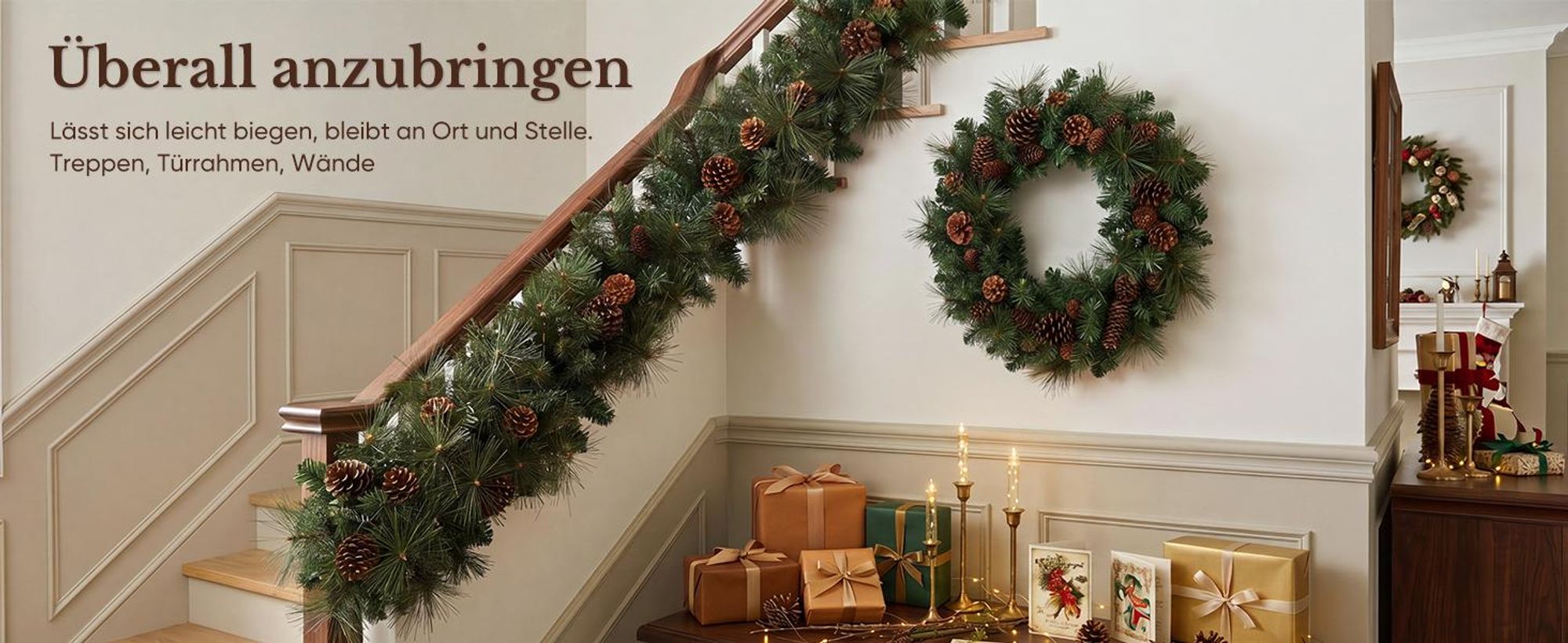 HOKEEPER Weihnachtsgirlande 180 cm mit grünen PVC-Nadeln & Zapfen