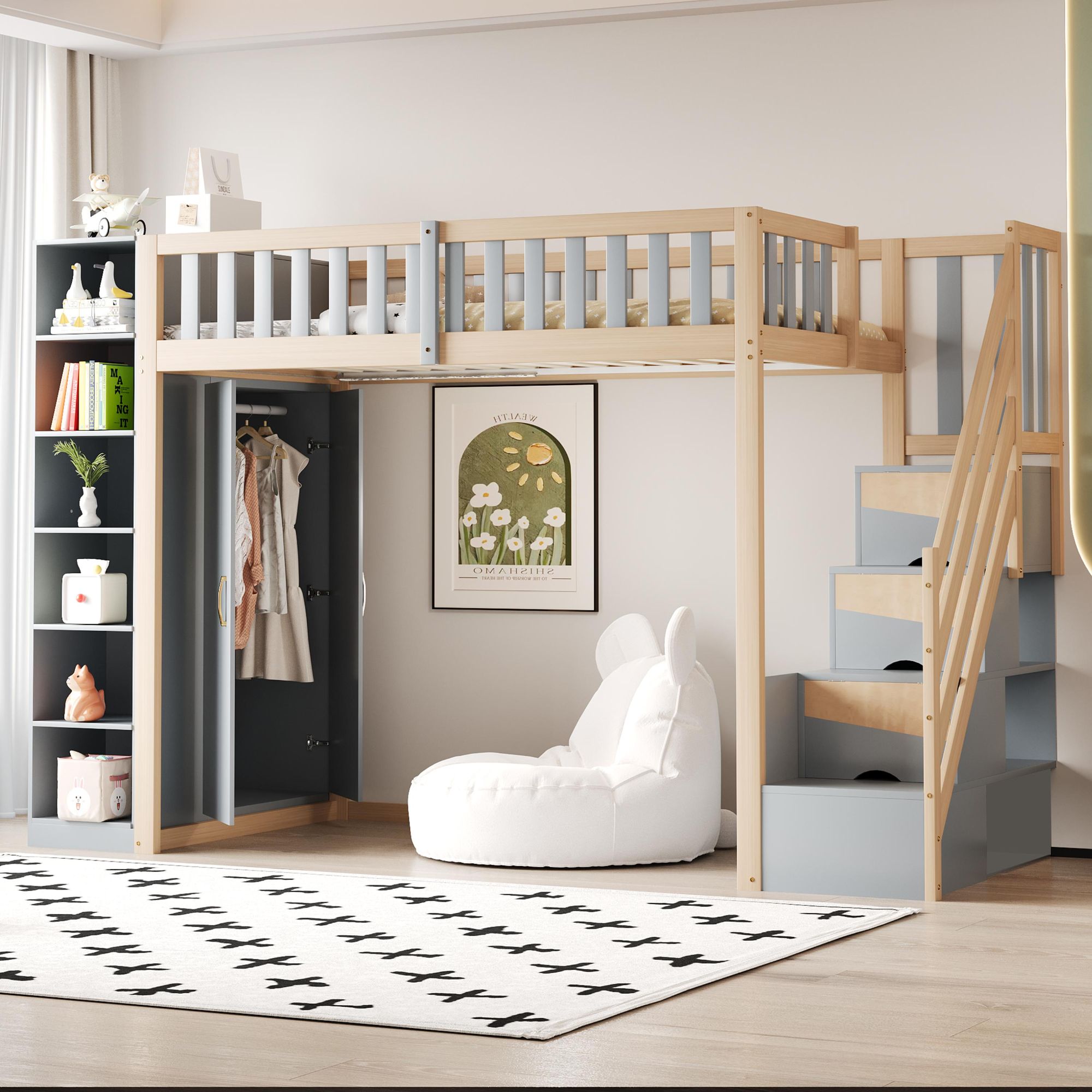 Flieks Etagenbett 90x200cm mit Kleiderschrank und Regal, Hochbett mit Treppe und Schubladen, Kinderbett mit Rausfallschutz & Lattenrost, Grau