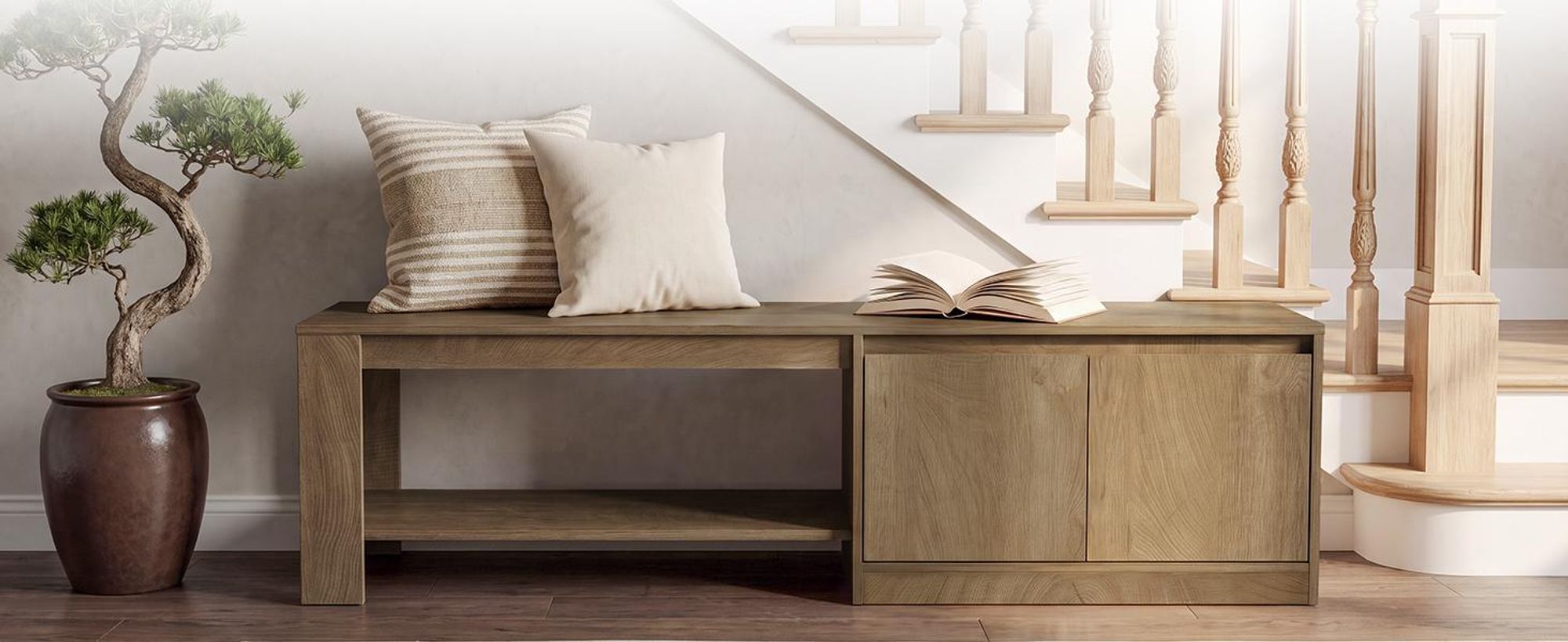 Schuhbank mit Stauraum 160 cm, Sitzbank mit Schrank und 2 Offenen Ablagen, Flurbank aus Holz für Eingangsbereich, Flur, Diele, Schlafzimmer,  Braun