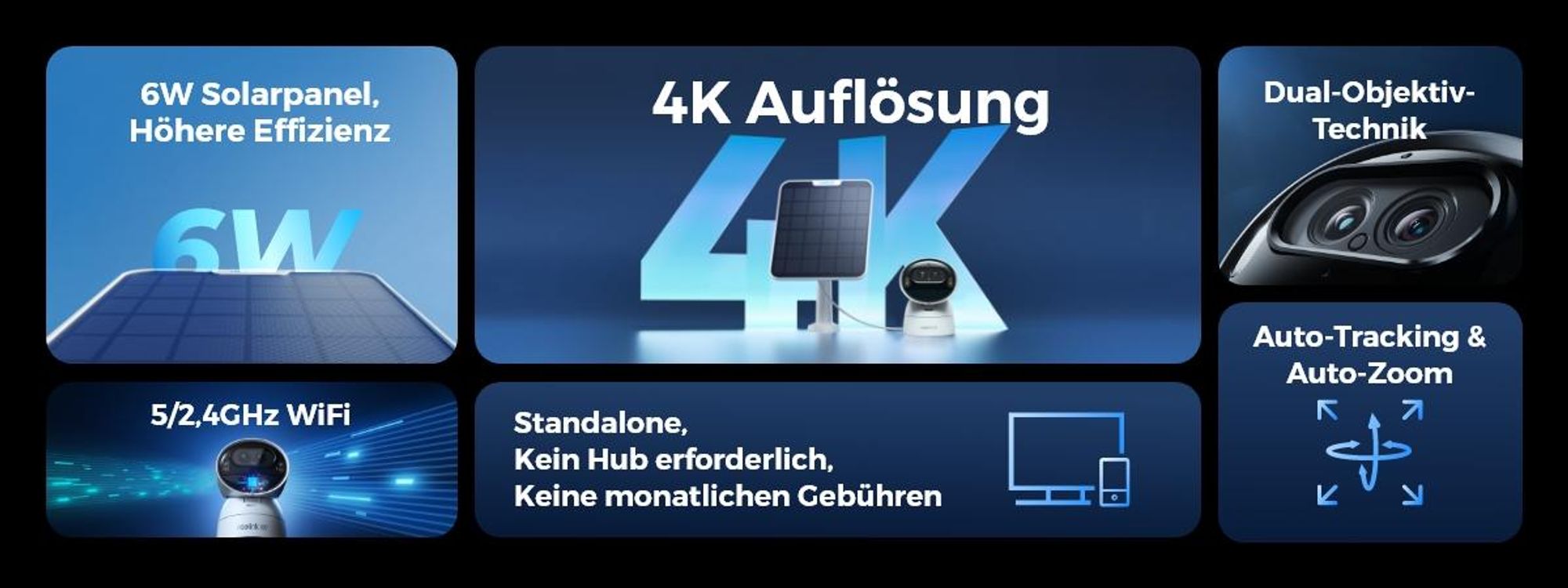 Reolink Argus Track+Solarpanel, 4K 8MP Akku WLAN Überwachungskamera Außen, Dual-Objektiv, 5/2,4 GHz WiFi, Auto Tracking & Zoom, Farbnachtsicht