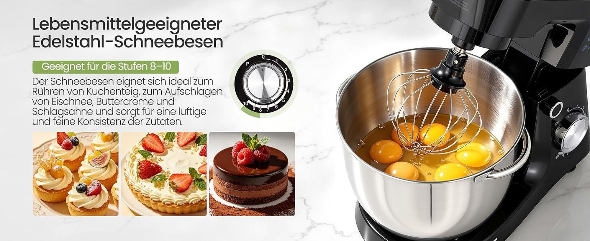 LLIVEKIT 1500W Küchenmaschine, 5,2L Edelstahl-Rührschüssel, Multifunktional Haushalts-Backgerät
