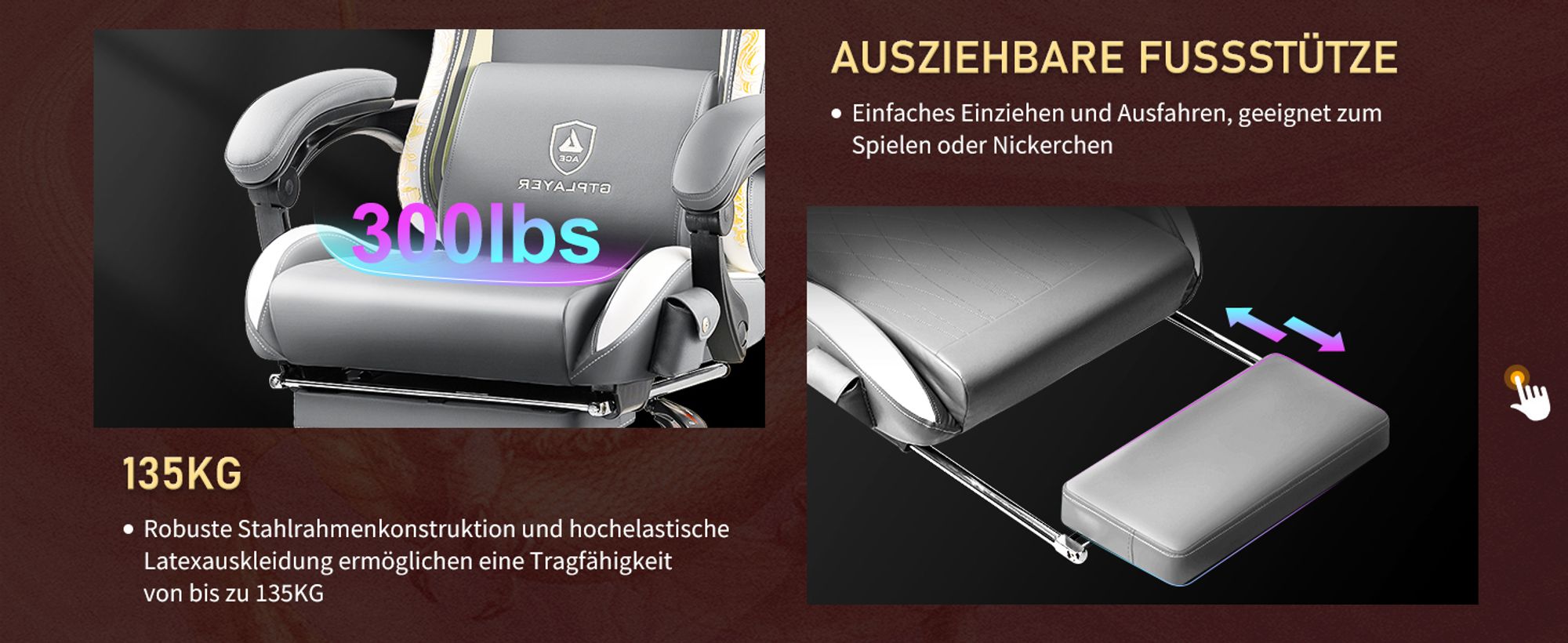 GTPLAYER Gaming Stuhl Gamer Stuhl mit Bluetooth-Lautsprechern und Fußstütze, Dragon Series Bürostuhl, Ergonomischer Drehsessel, Computerstuhl Grau